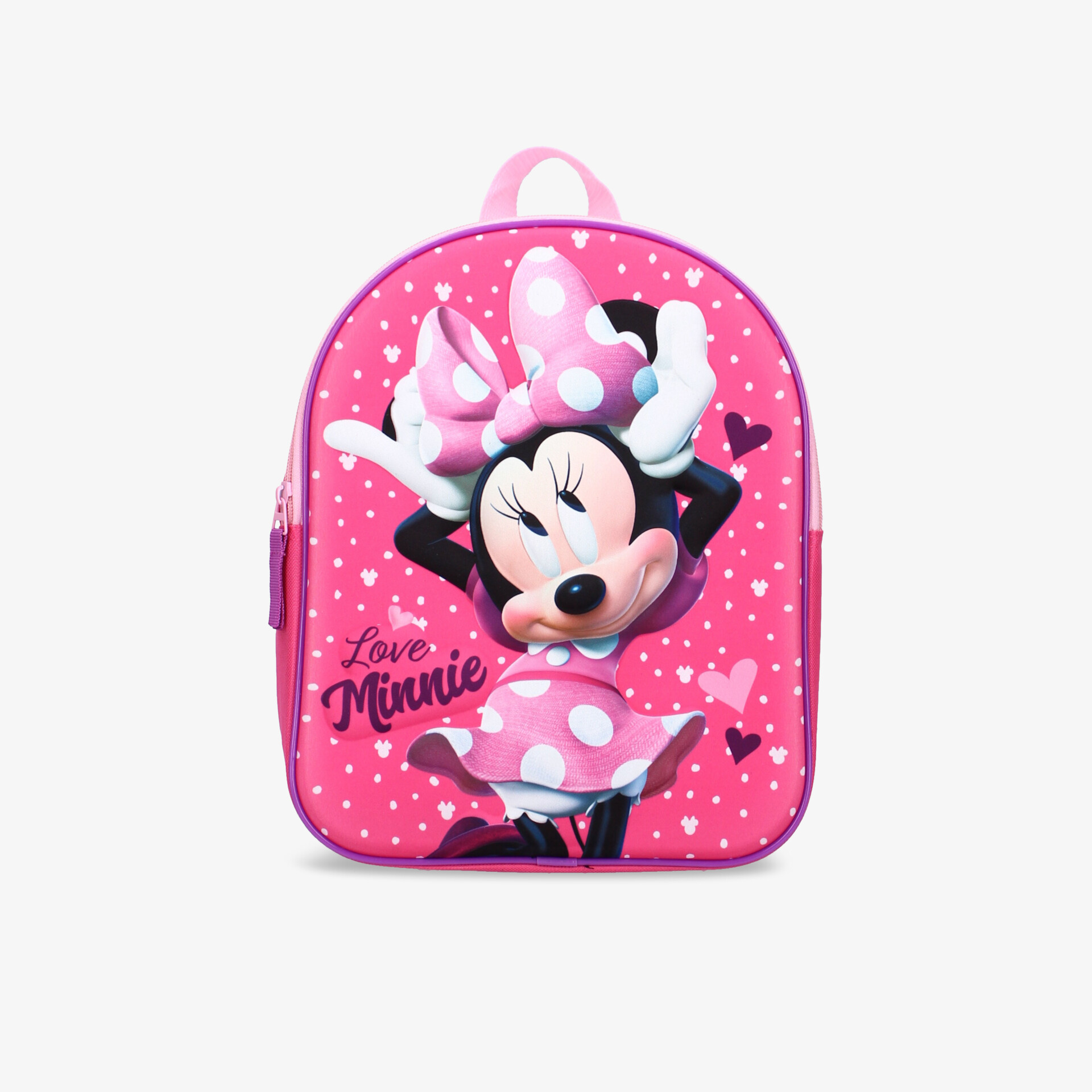 Rosa Rucksack mit niedlichem Minnie-Motiv, perfekt für den Alltag. Strapazierfähig und modern.