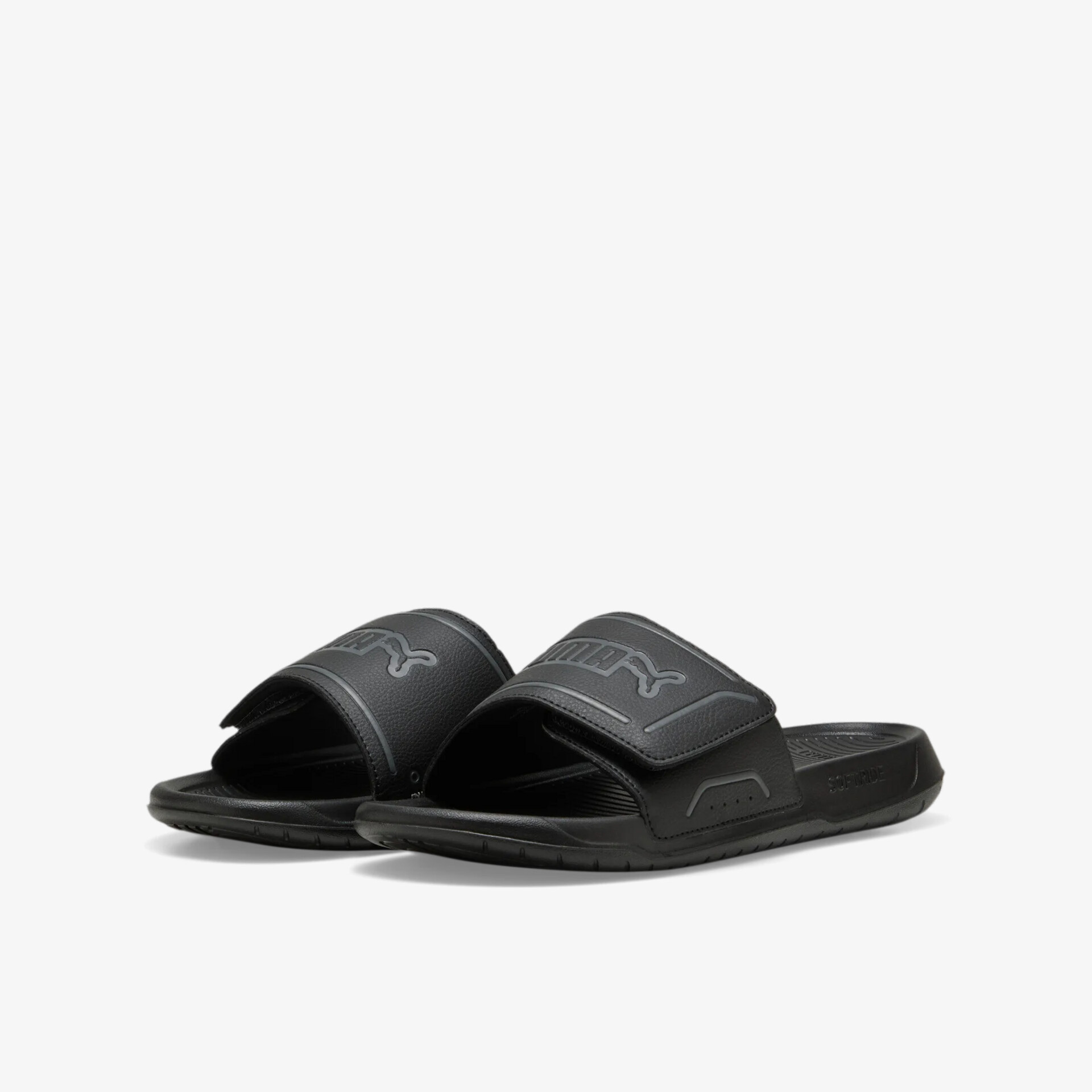 Bequeme schwarze Slider mit verstellbarem Riemen und ergonomischer Passform, ideal für Alltag und Freizeit