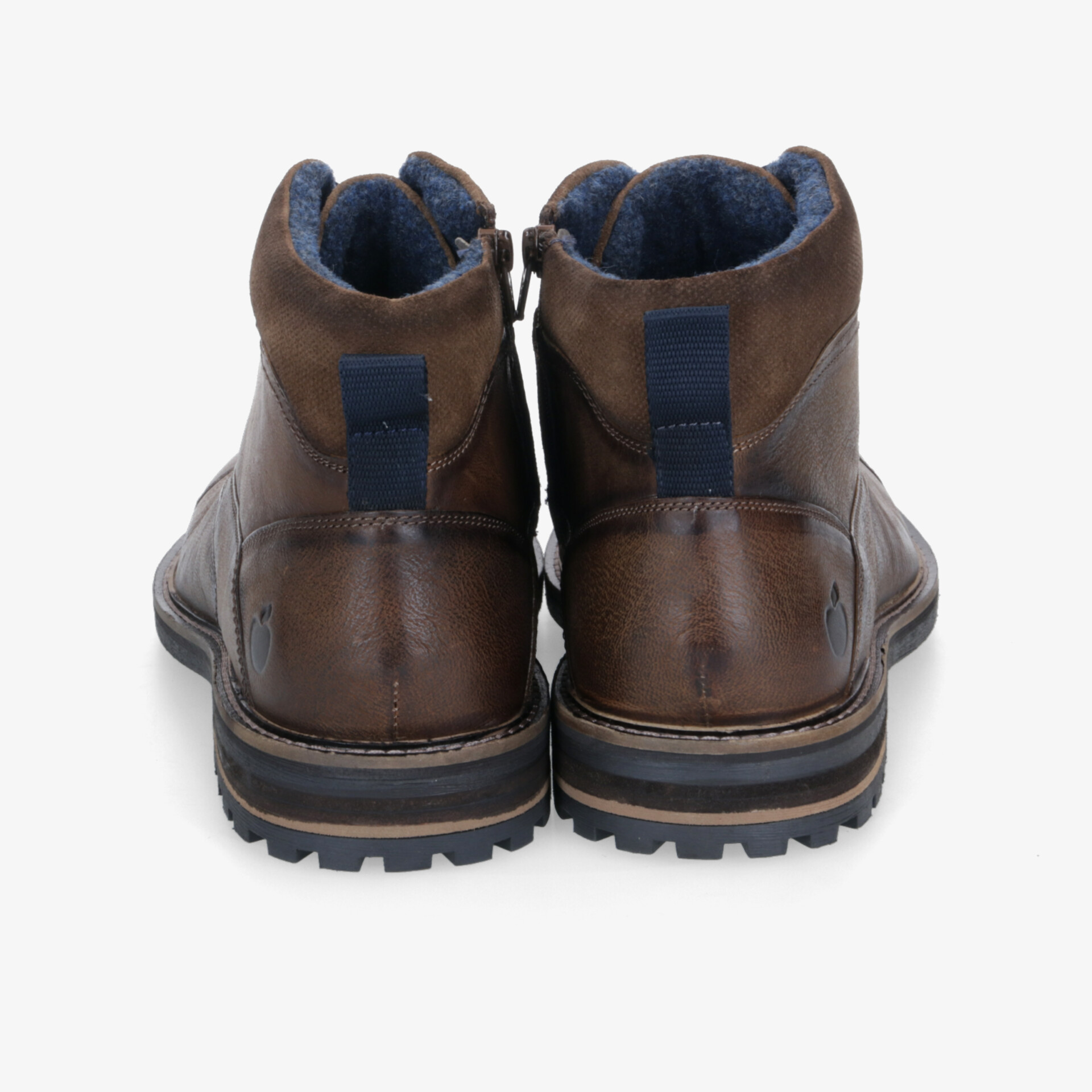 Robuste braune Lederschuhe mit gepolstertem Schaftrand und rutschfester Sohle, Rückansicht mit Reißverschluss