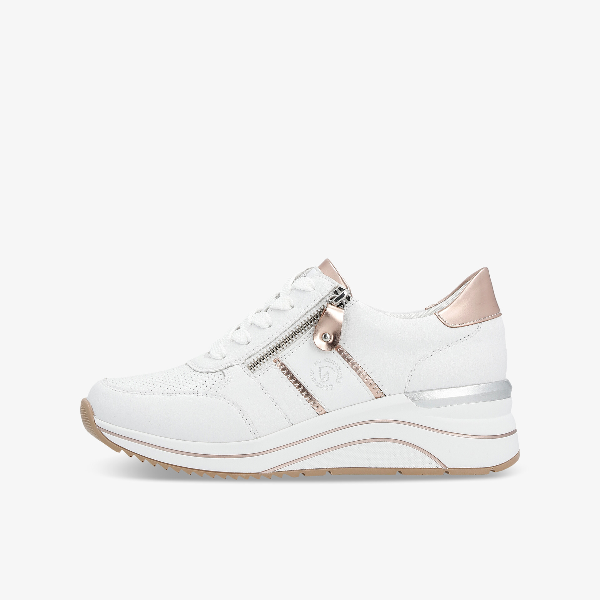 Seitlich abgebildeter weißer Sneaker mit Reißverschluss, gepolstertem Schaft und leichter Profilsohle für optimalen Komfort