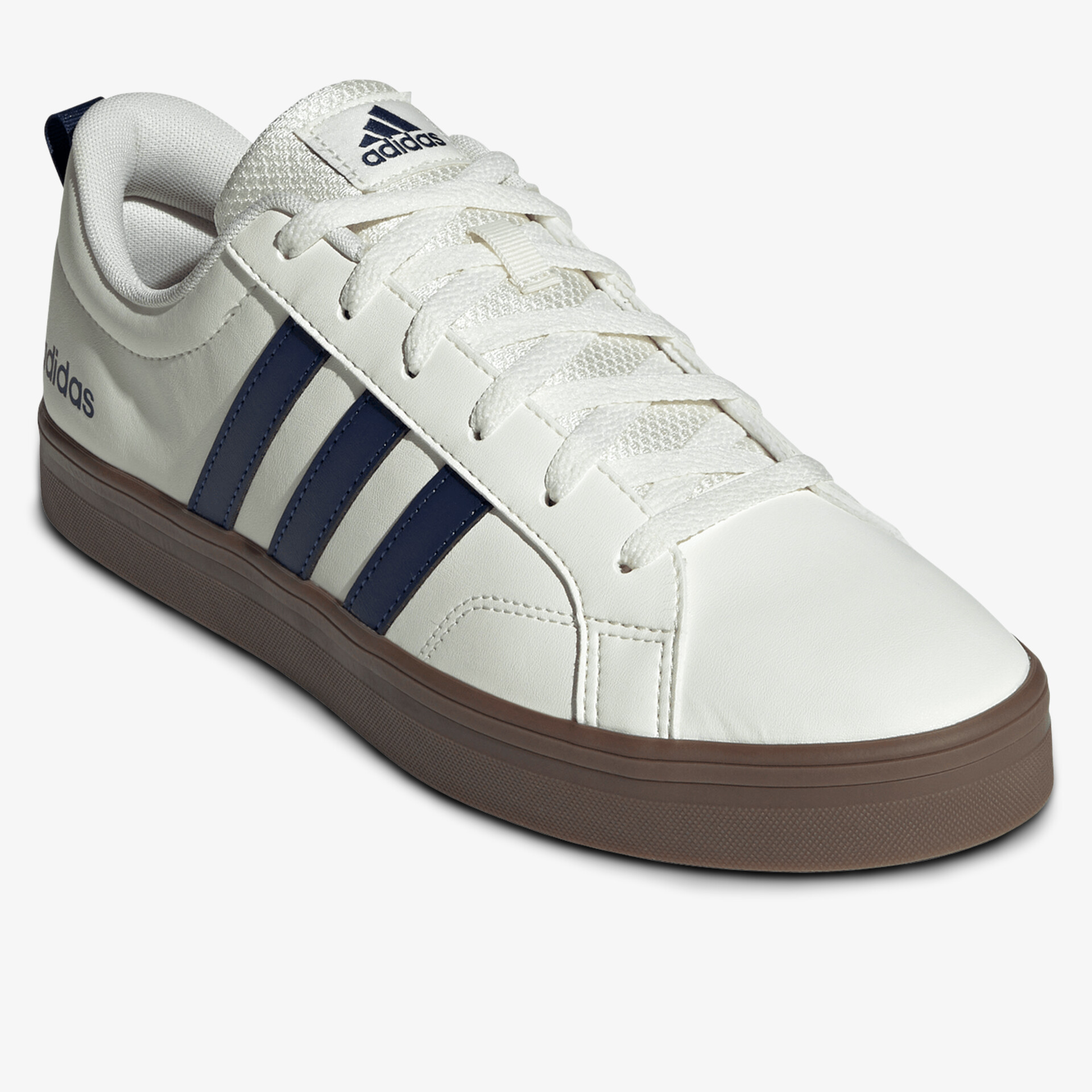 Weißer Sneaker mit dunkelblauen Streifen und brauner Sohle, bequemer und stylischer Sportschuh