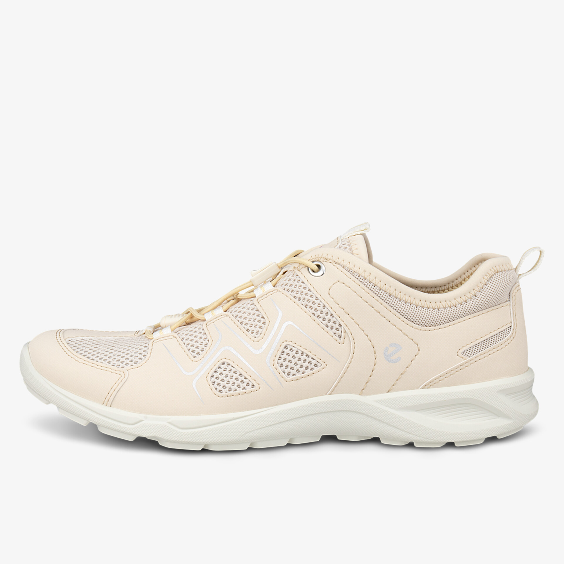 Leichter beige Sneaker mit atmungsaktivem Mesh und komfortabler Sohle, ideal für sportliche Aktivitäten.
