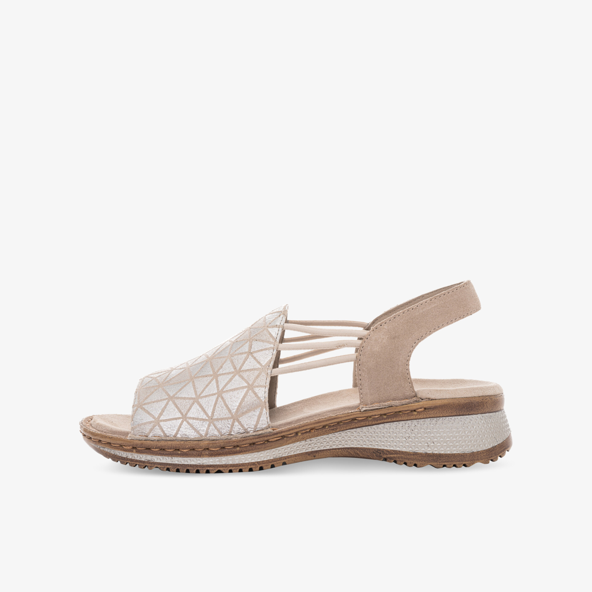 Bequeme beige Sandale mit gepolsterter Sohle und elastischen Riemen, ideal für flexiblen und leichten Tragekomfort