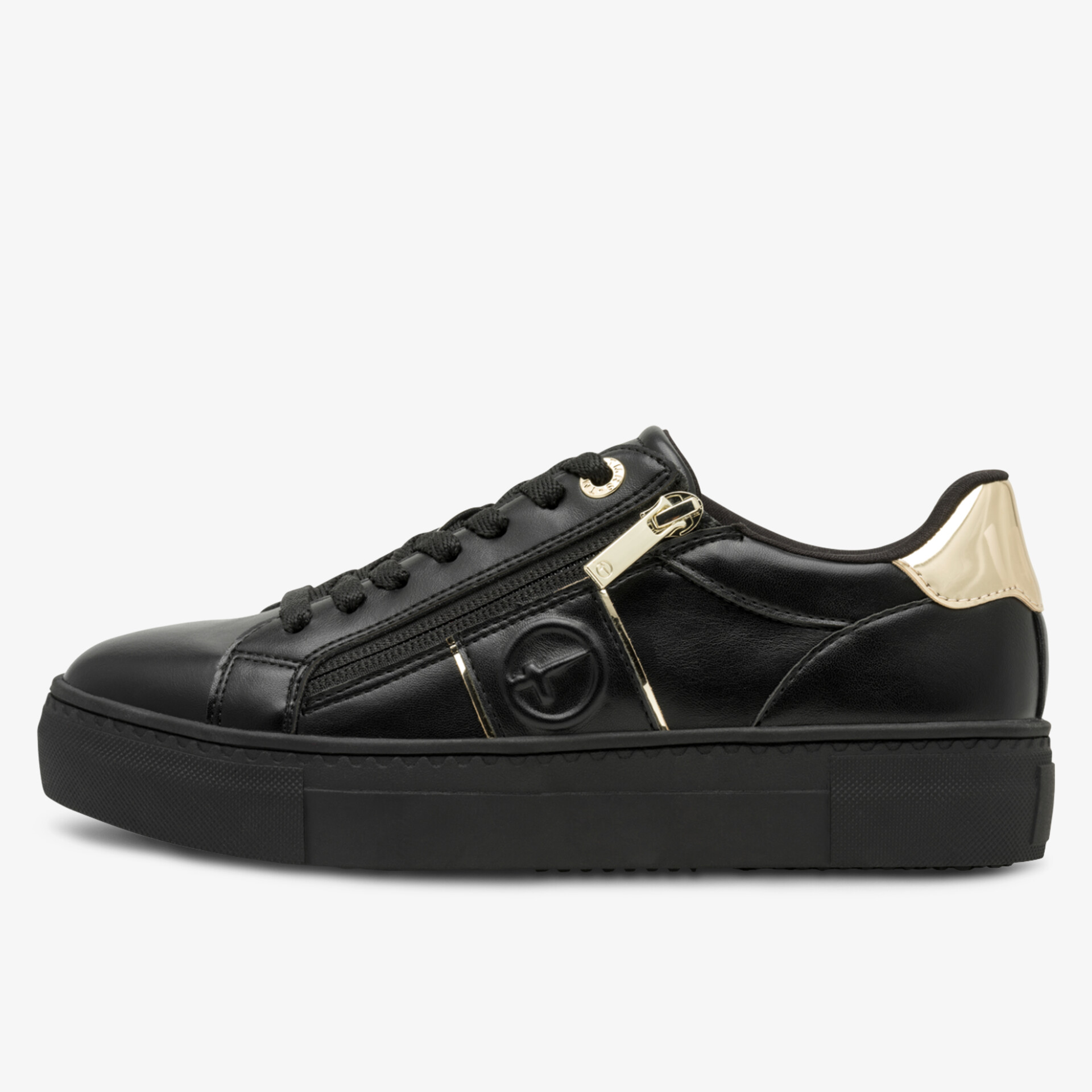Schwarzer Sneaker mit beigem Fersenbesatz, seitliche Ansicht, moderne und vielseitig kombinierbare Sportschuh