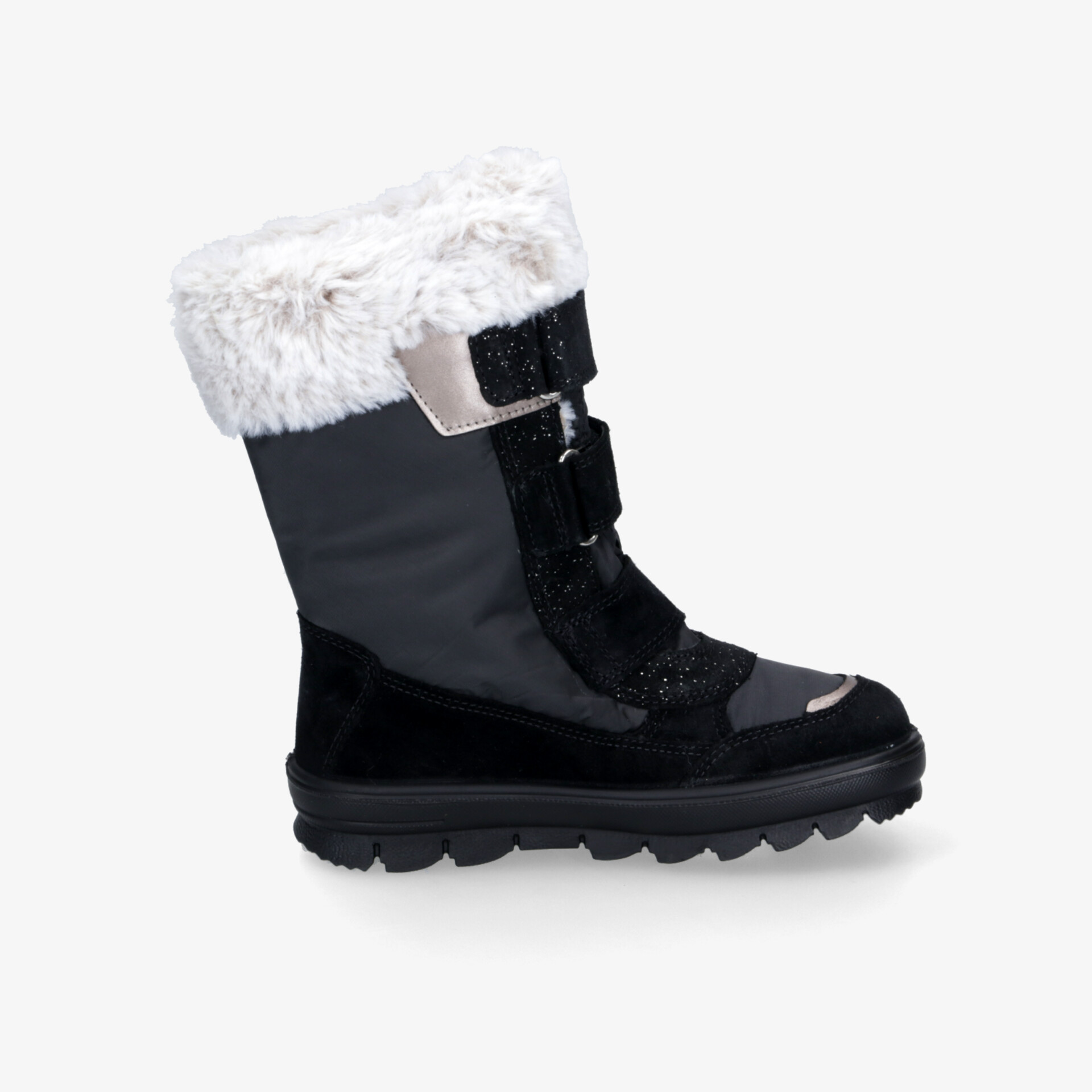 Schwarzer Winterstiefel mit warmem, weißem Fell und rutschfester, robuster Sohle für kalte Tage