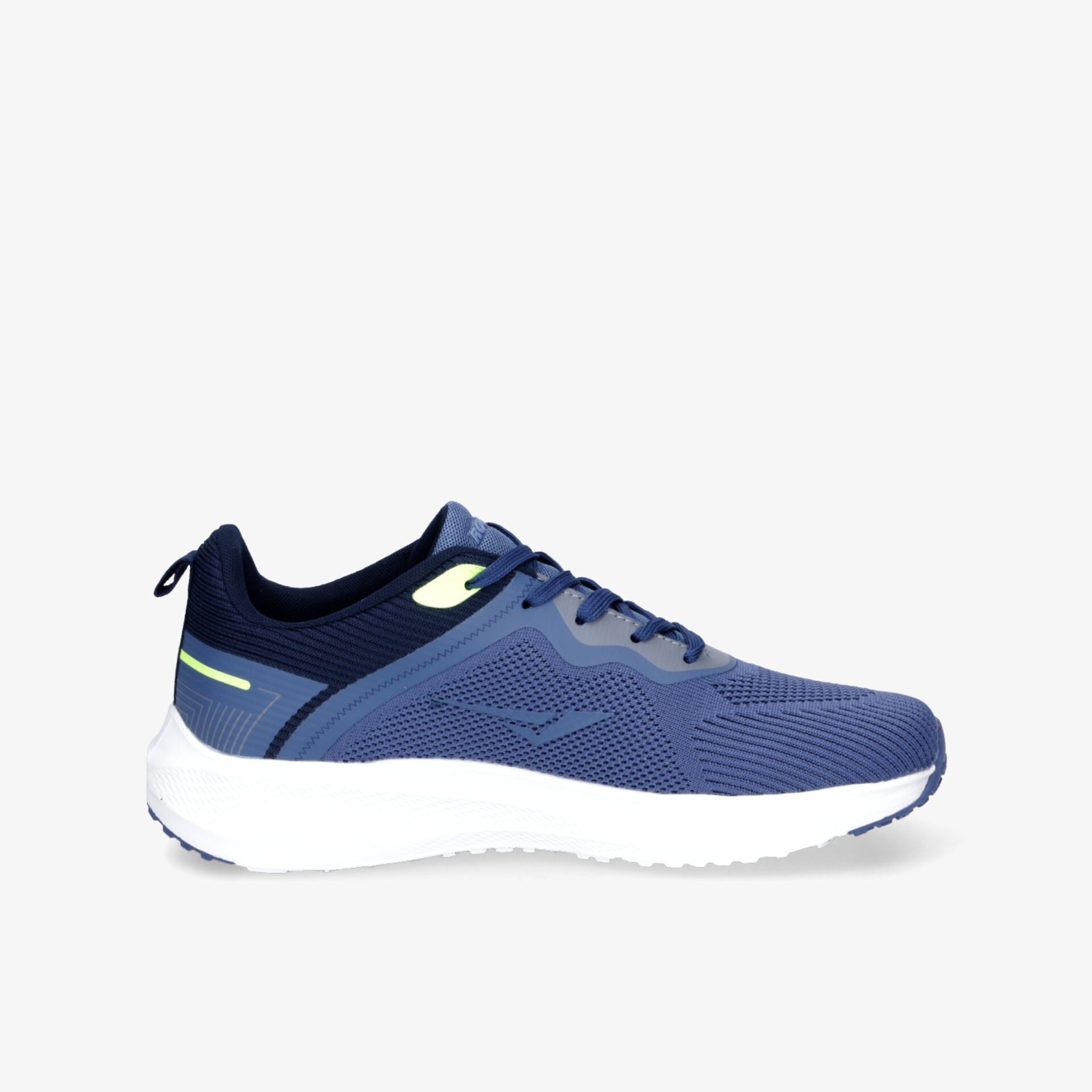 Leichter sportlicher Laufschuh in Blau mit atmungsaktivem Material und flexibler weißer Sohle, seitliche Ansicht