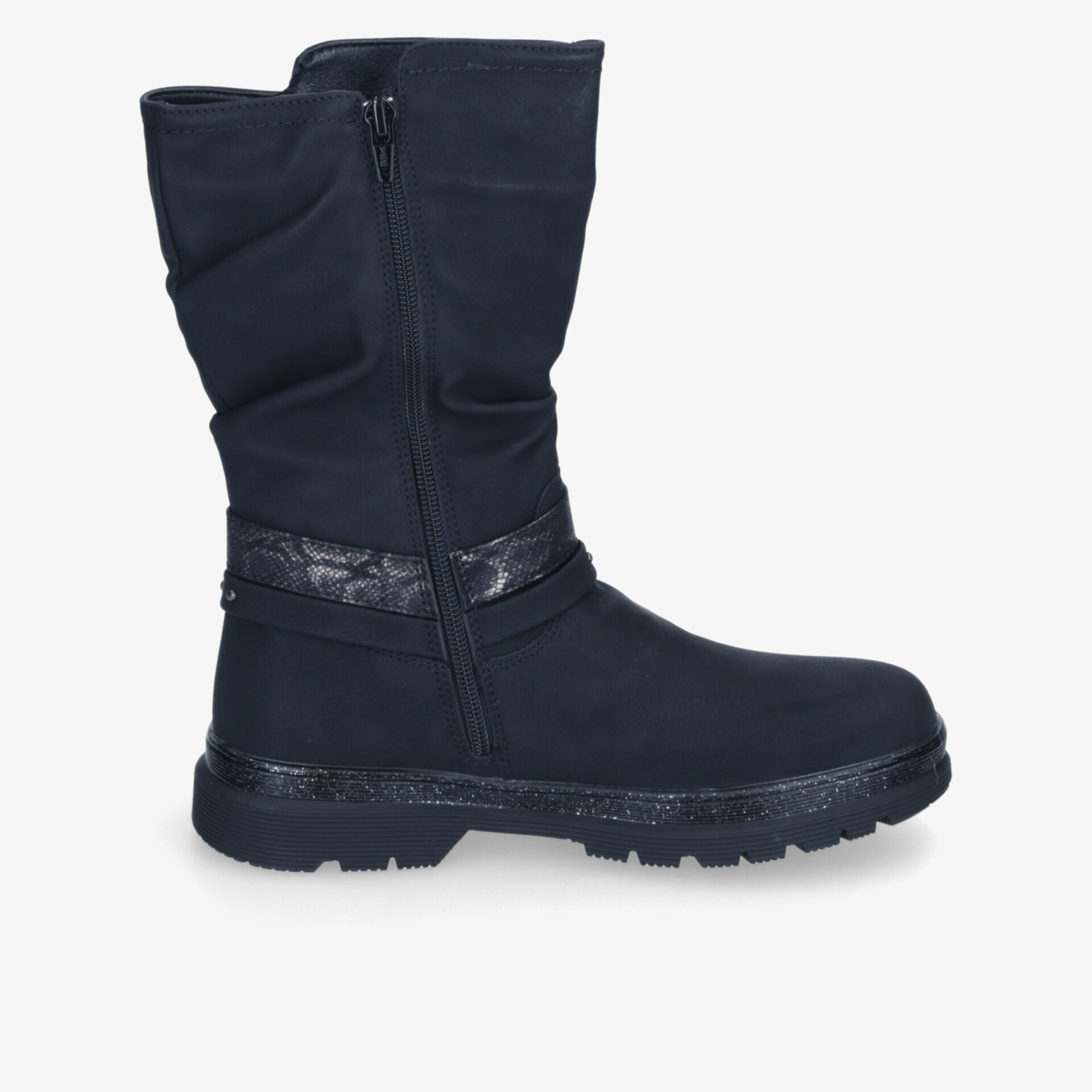 Schwarzer robuster Stiefel seitlich mit Reißverschluss, bequemer Passform und griffiger Sohle für optimalen Halt