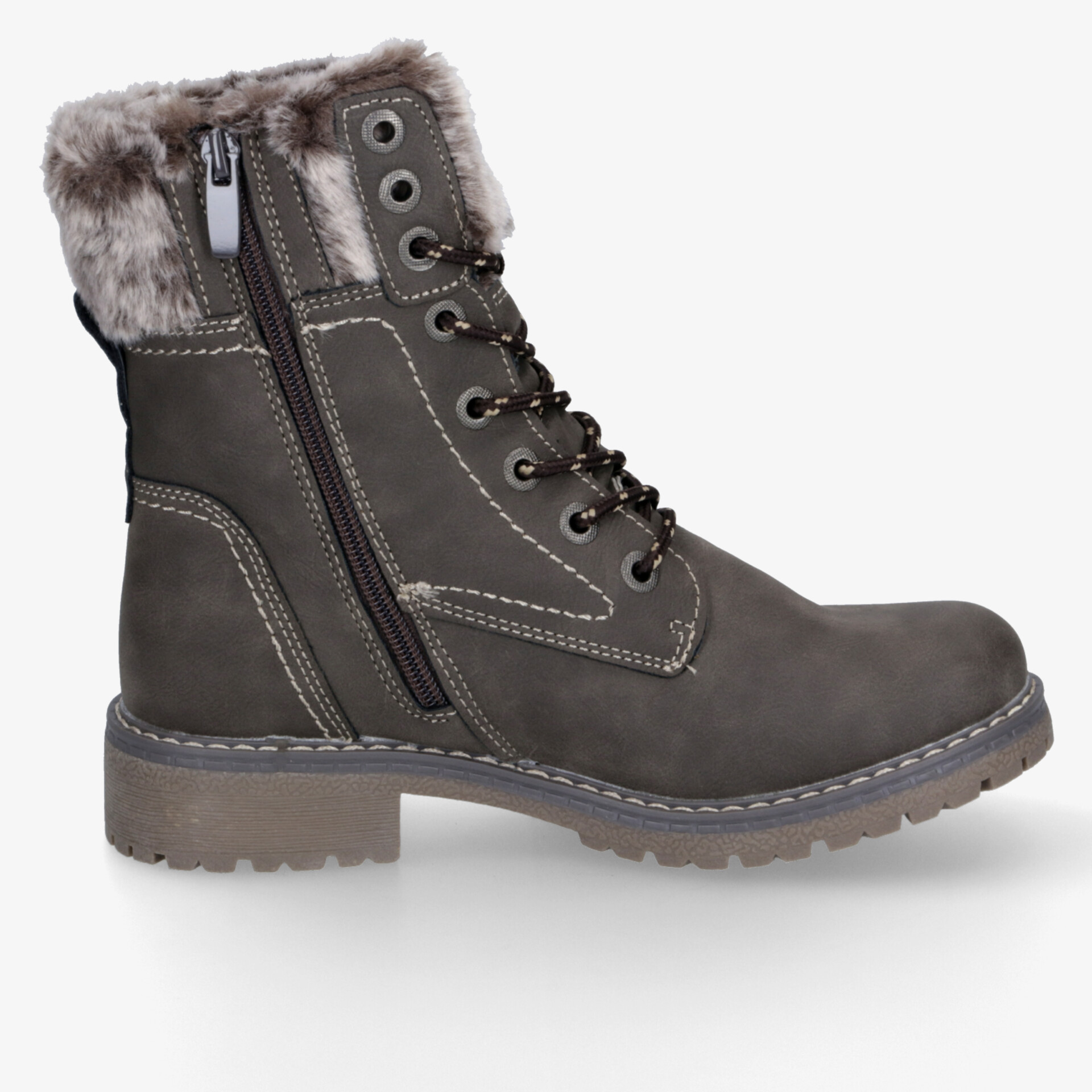 Grauer Winterstiefel mit warmem Fellfutter, seitlicher Reißverschluss und robuster rutschfester Sohle