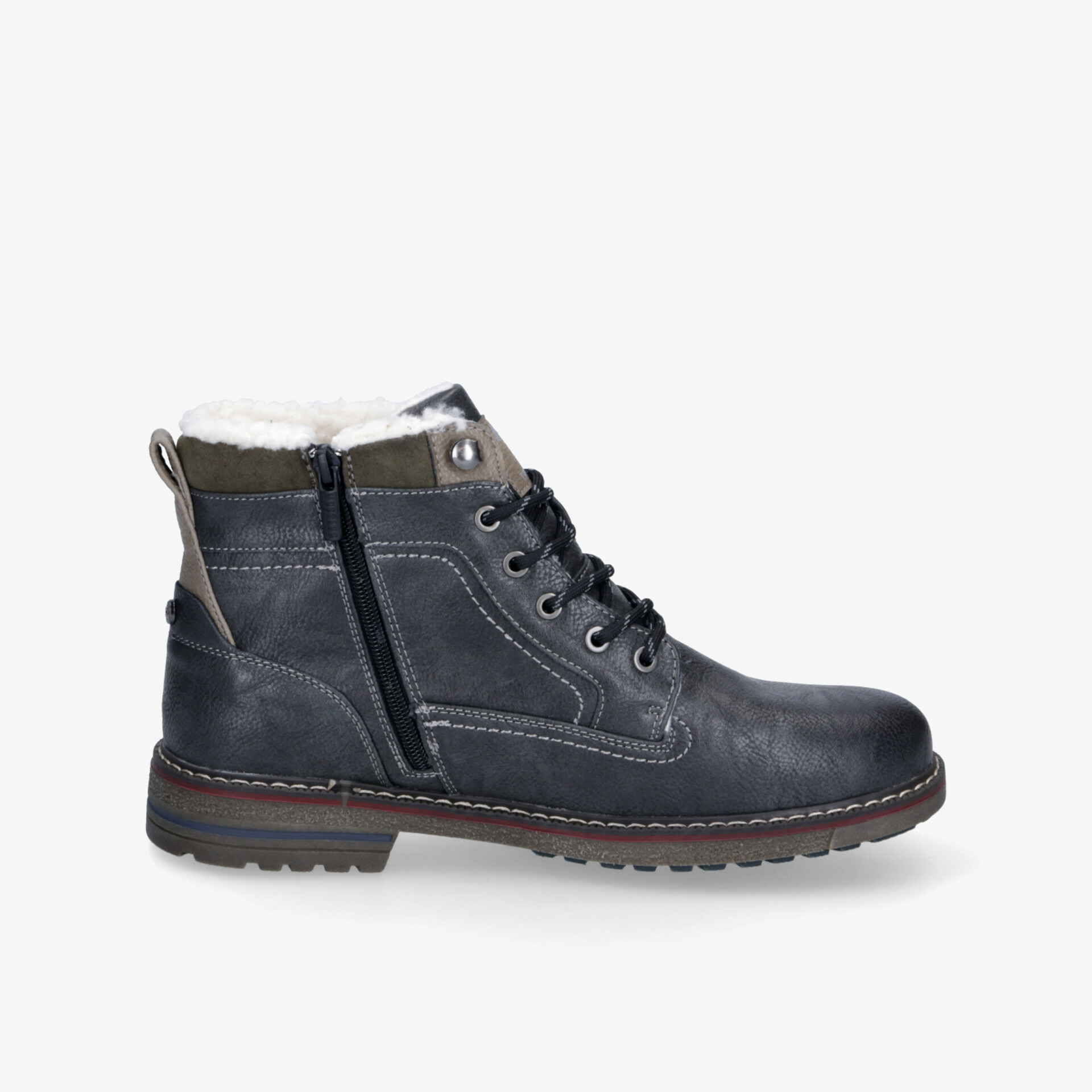 Robuster schwarzer Stiefel mit warmer Innenfütterung, seitliche Schnürung und Reißverschluss für einfachen Einstieg