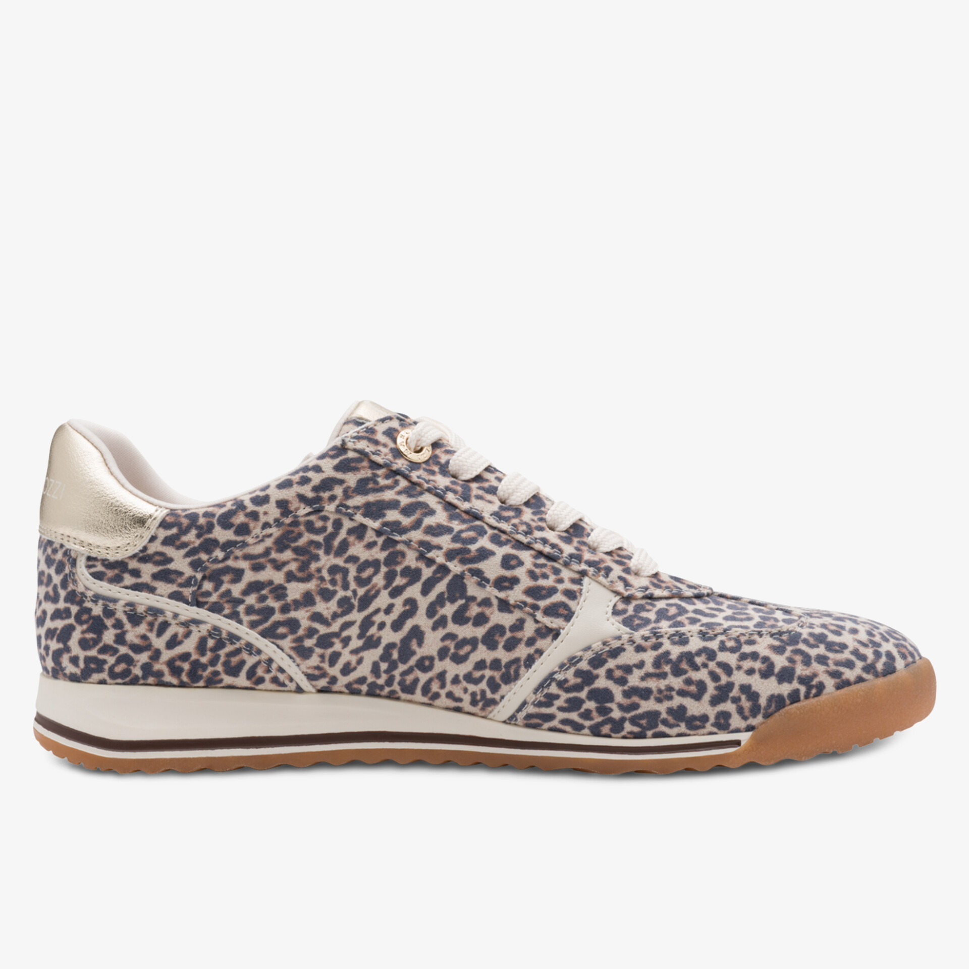 Seitliche Ansicht eines leichten Sneakers mit modischem Leo-Muster und bequemer flexibler Sohle