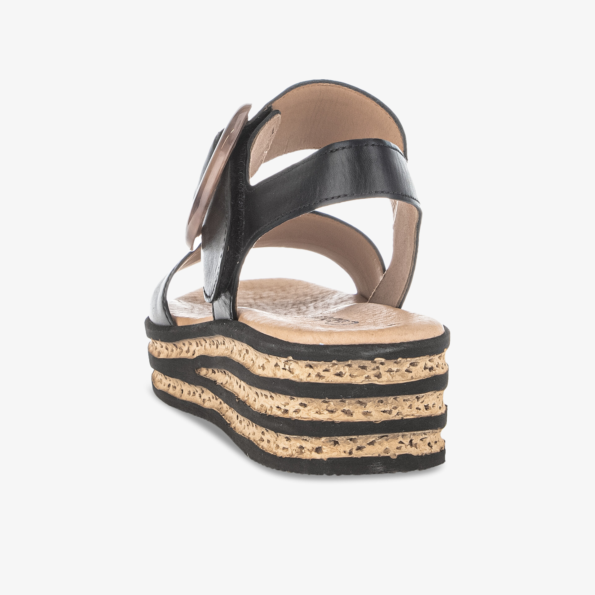 Plateau-Sandale in Schwarz mit verstellbarem Riemen und gepolstertem Fußbett, Rückansicht