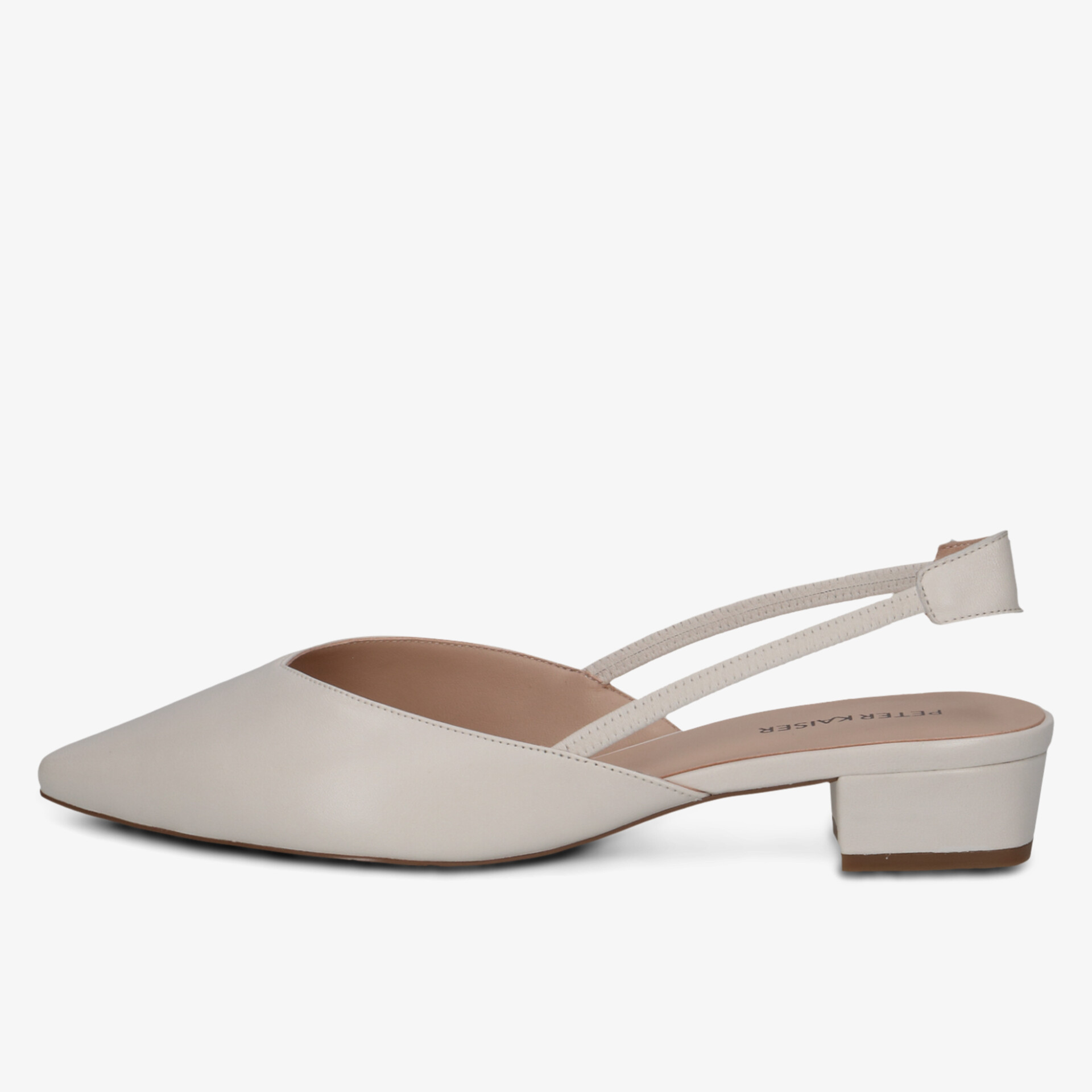 Eleganter cremefarbener Slingback mit spitzer Schuhform und bequemem Blockabsatz in klarer Seitenansicht