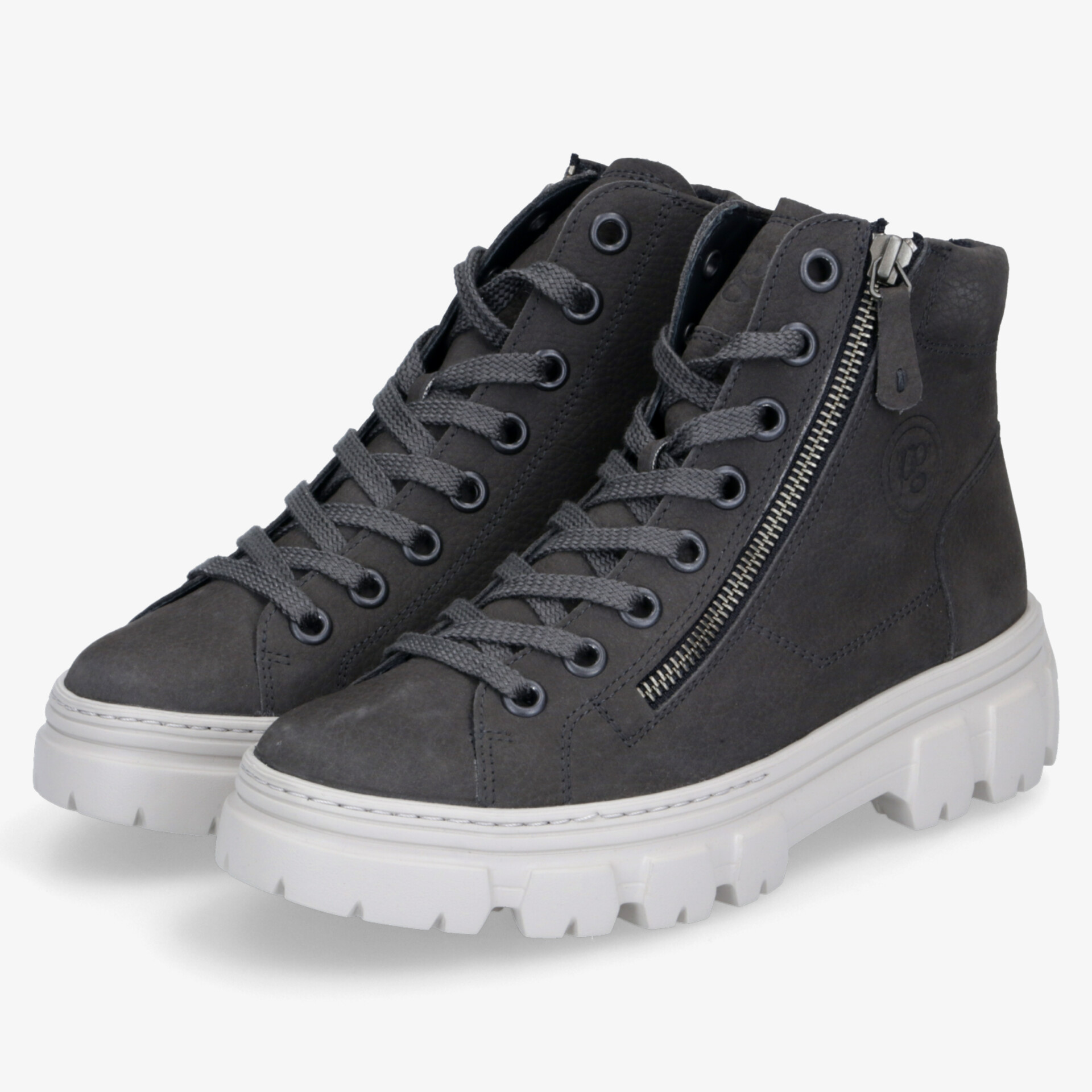Stylische schwarze Schnürboots mit seitlichem Reißverschluss und weißer profilierter Sohle