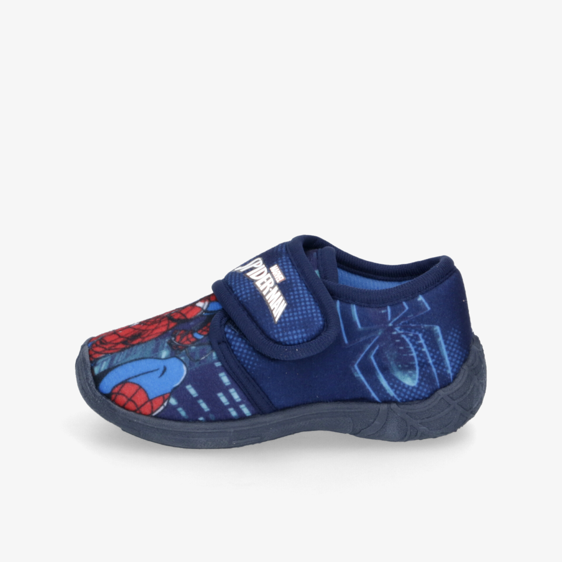 Bequemer blauer Hausschuh mit Spiderman-Design und praktischem Klettverschluss für sicheren Halt