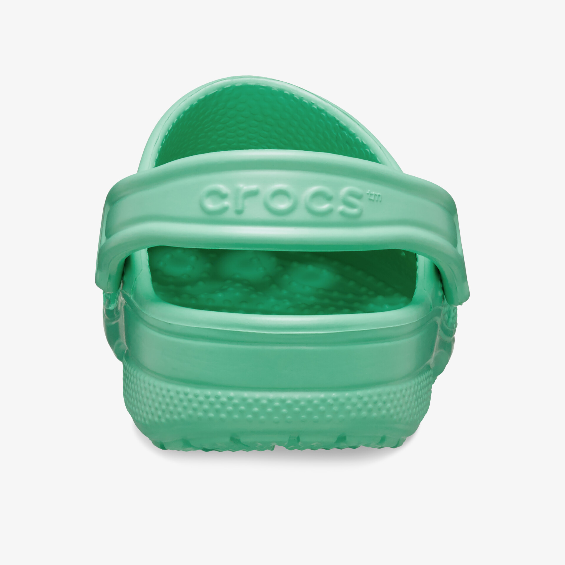 Rückansicht eines grünen Crocs Schuhs mit verstellbarem Fersenriemen und ergonomischer Passform