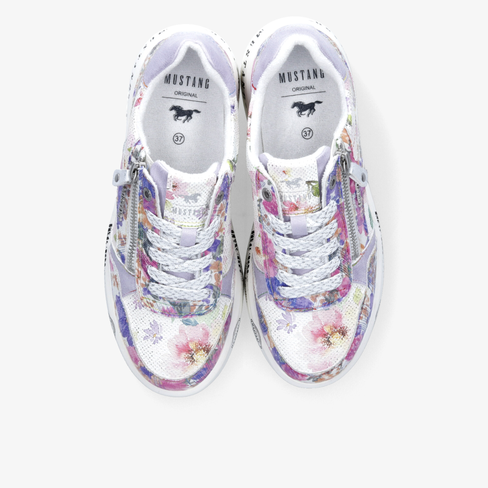 Bequeme, modische Sneakers mit farbenfrohem Blumenmuster und leichter, gedämpfter Sohle in Draufsicht