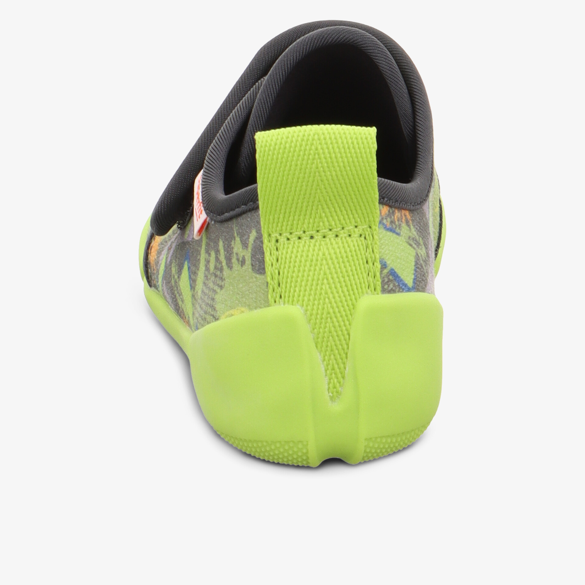 Neonfarbener Sneaker mit praktischer Zuglasche und auffälligem Muster, Rückansicht