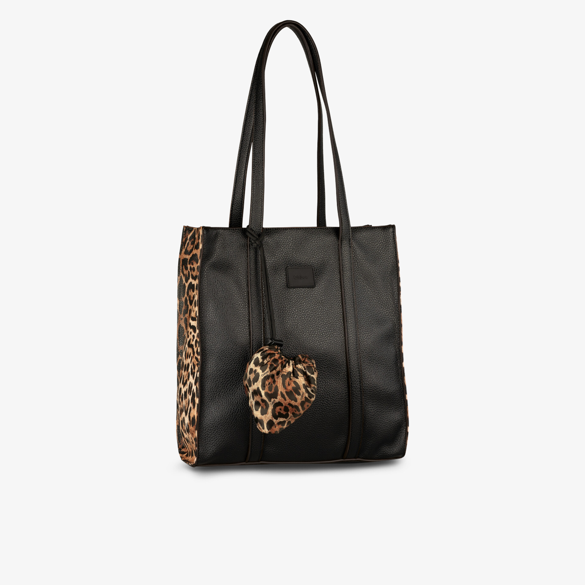 Schwarze Tote Bag mit seitlichem Leopardenmuster und Herzanhänger im modischen Design