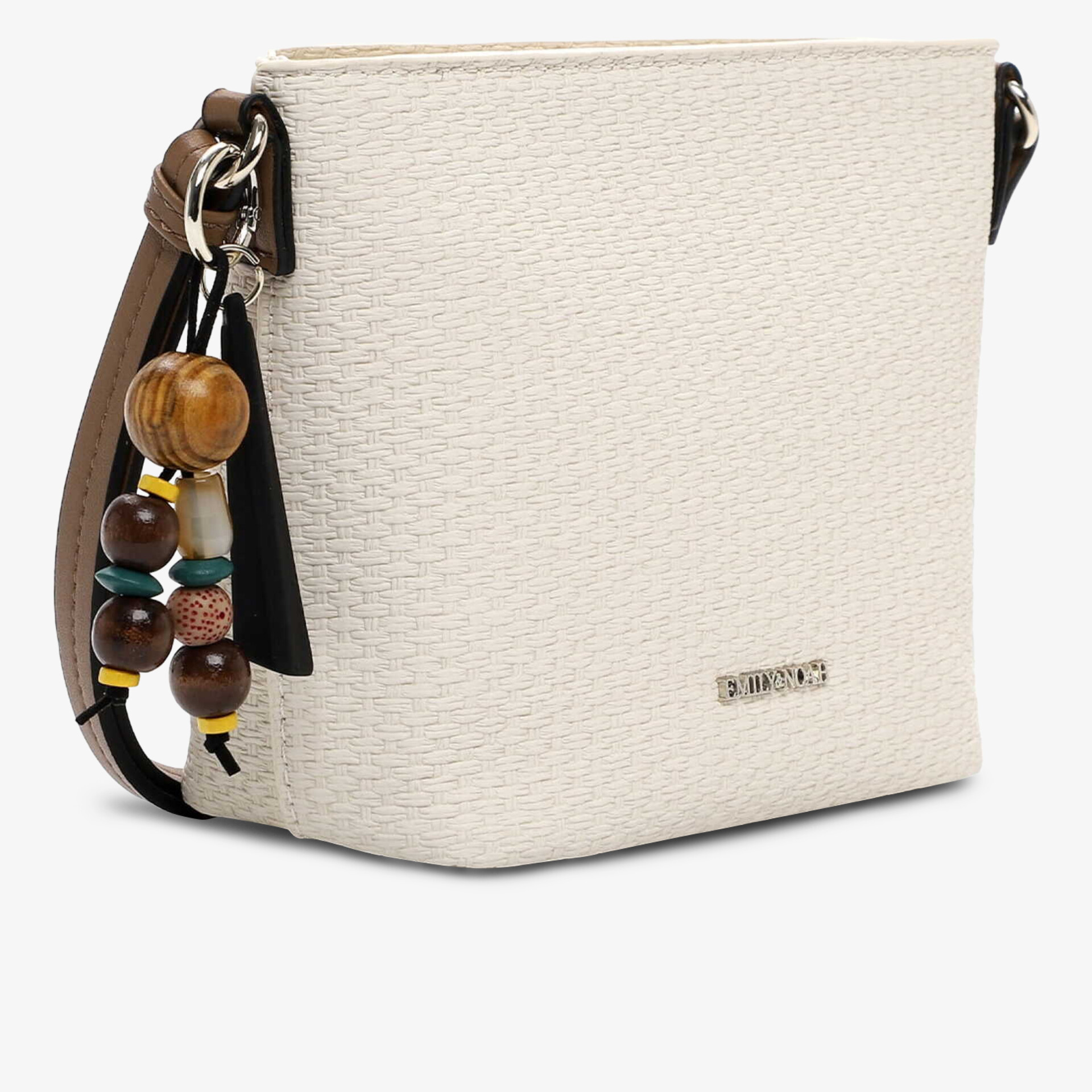 Elegante kleine cremefarbene Tasche mit strukturierter Oberfläche und dekorativem Perlenanhänger seitlich