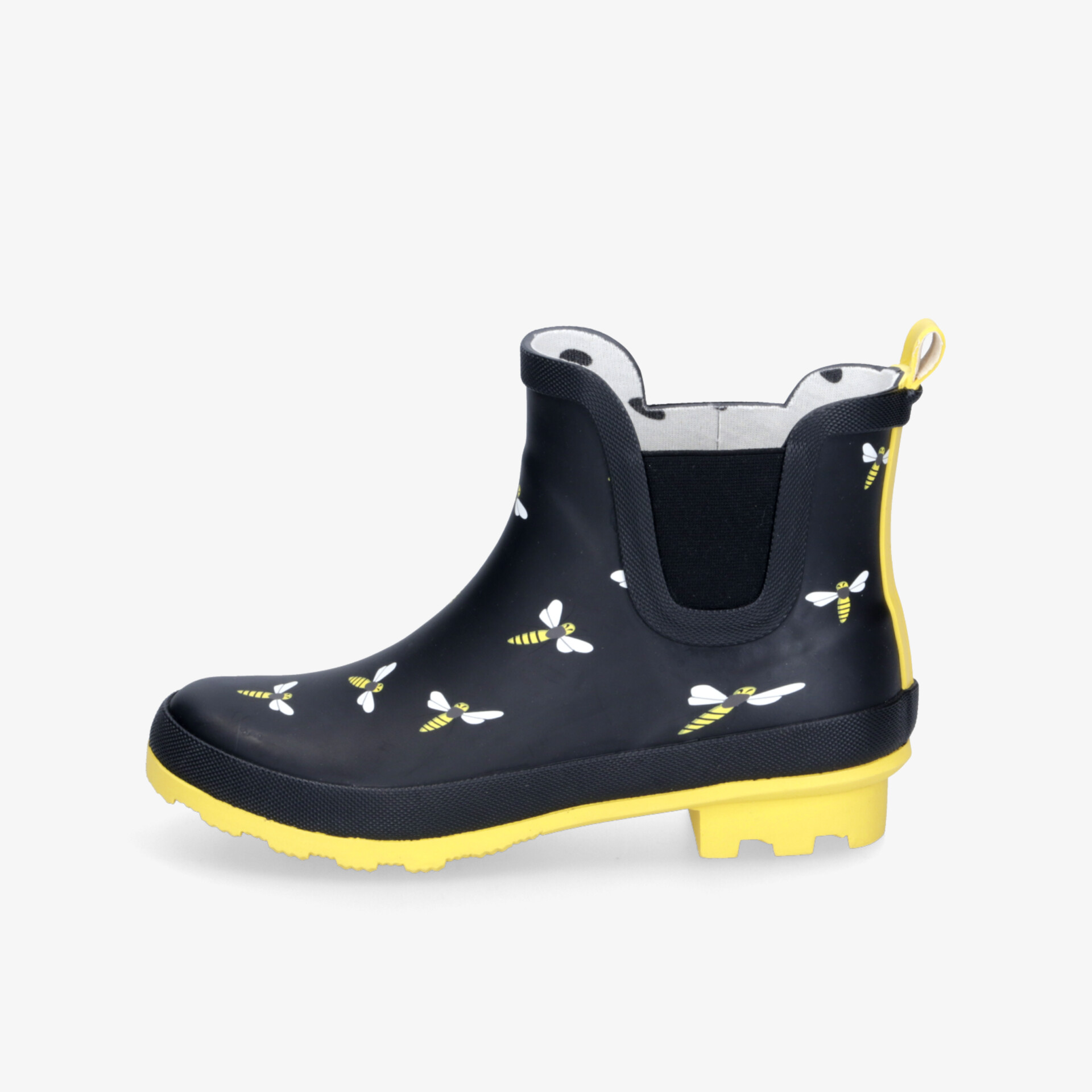Wasserdichter schwarzer Gummistiefel mit gelber Sohle und floralem Muster, robust und rutschfest