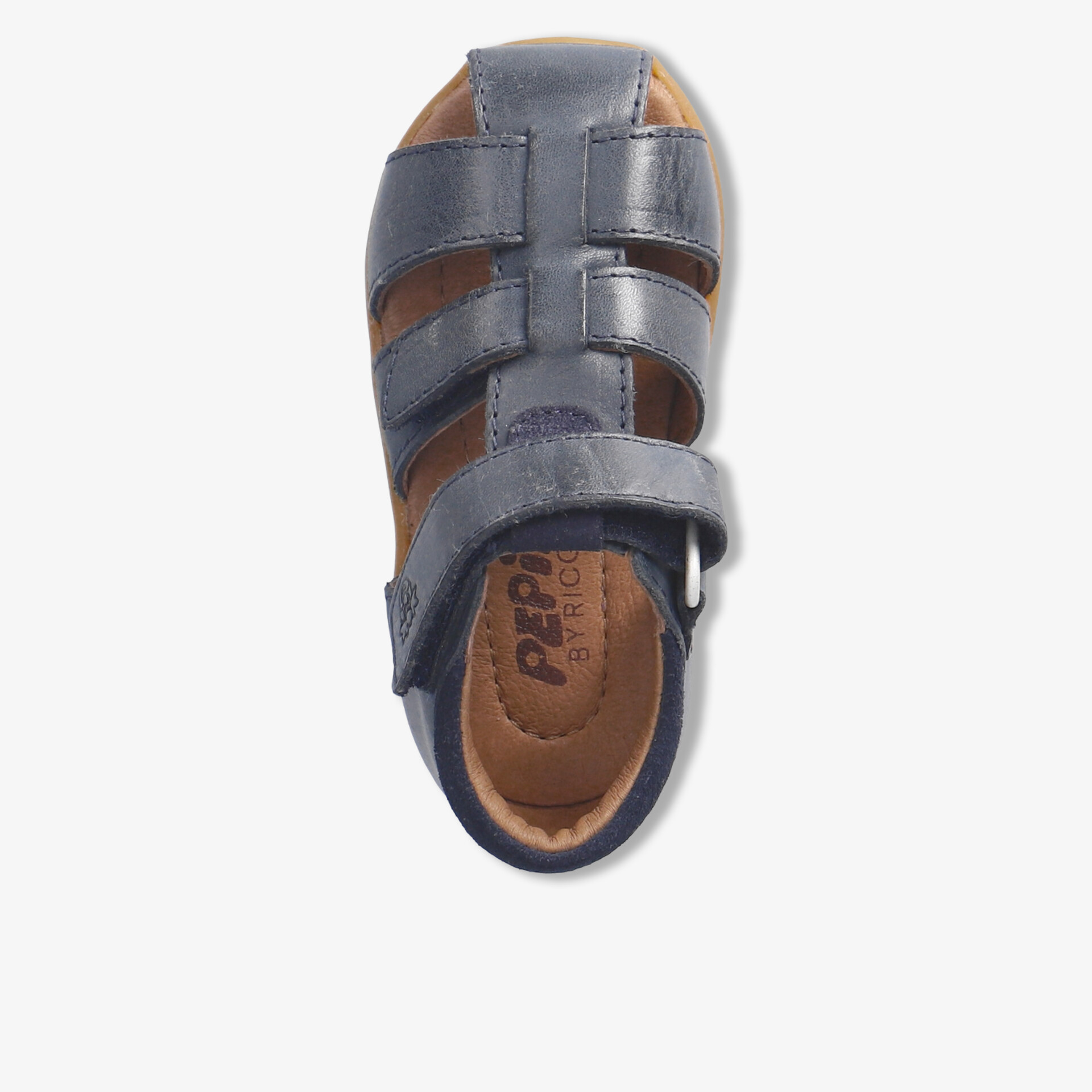 Obere Draufsicht auf robuste Kindersandale mit verstellbaren Klettverschlüssen und geschlossener Zehenpartie für sicheren Halt