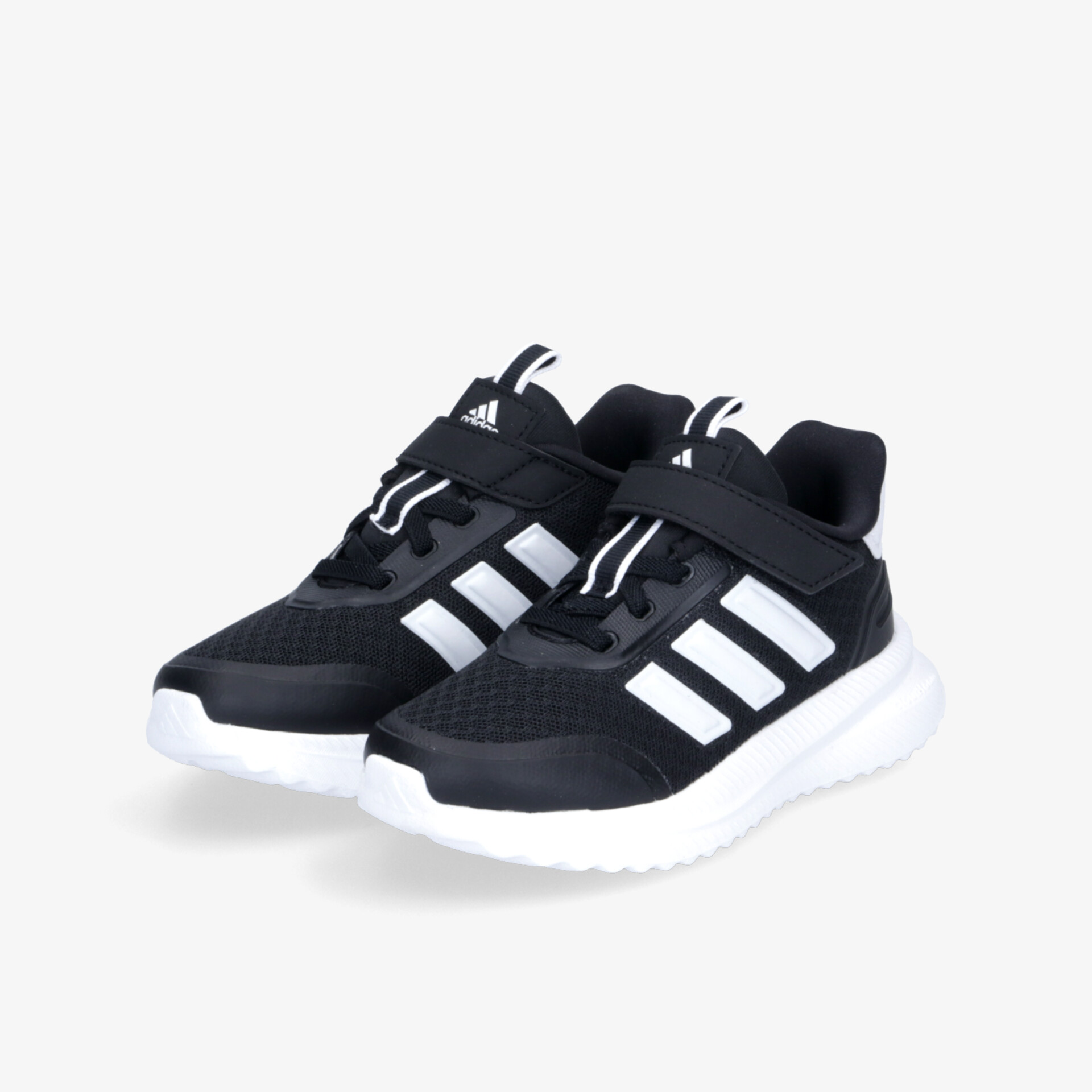 Leichte schwarze Sportschuhe mit weißer Sohle und markanten weißen Streifen, bequem und strapazierfähig