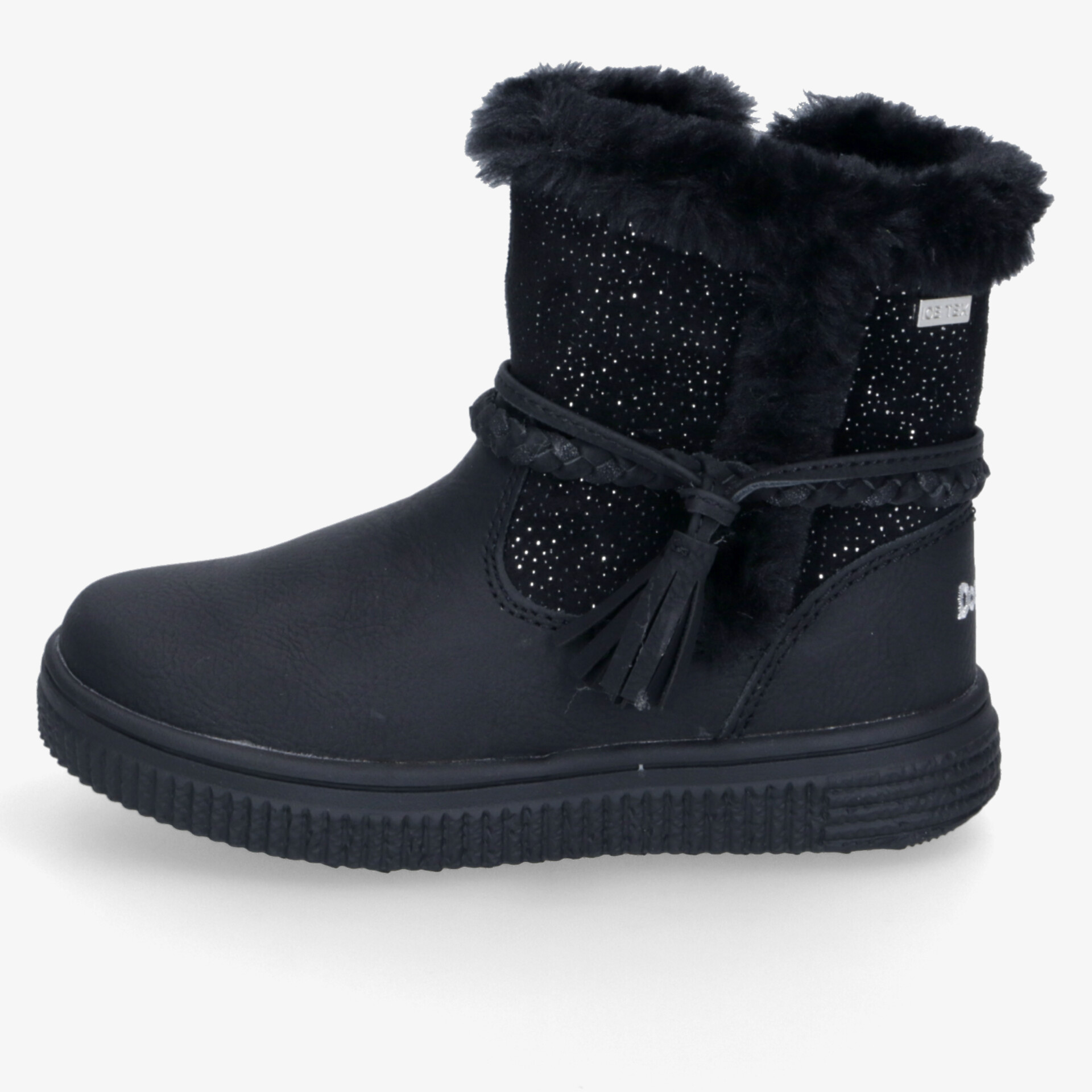 Schwarzer Winterstiefel mit weichem Innenfutter und dekorativen Quasten für komfortablen Halt