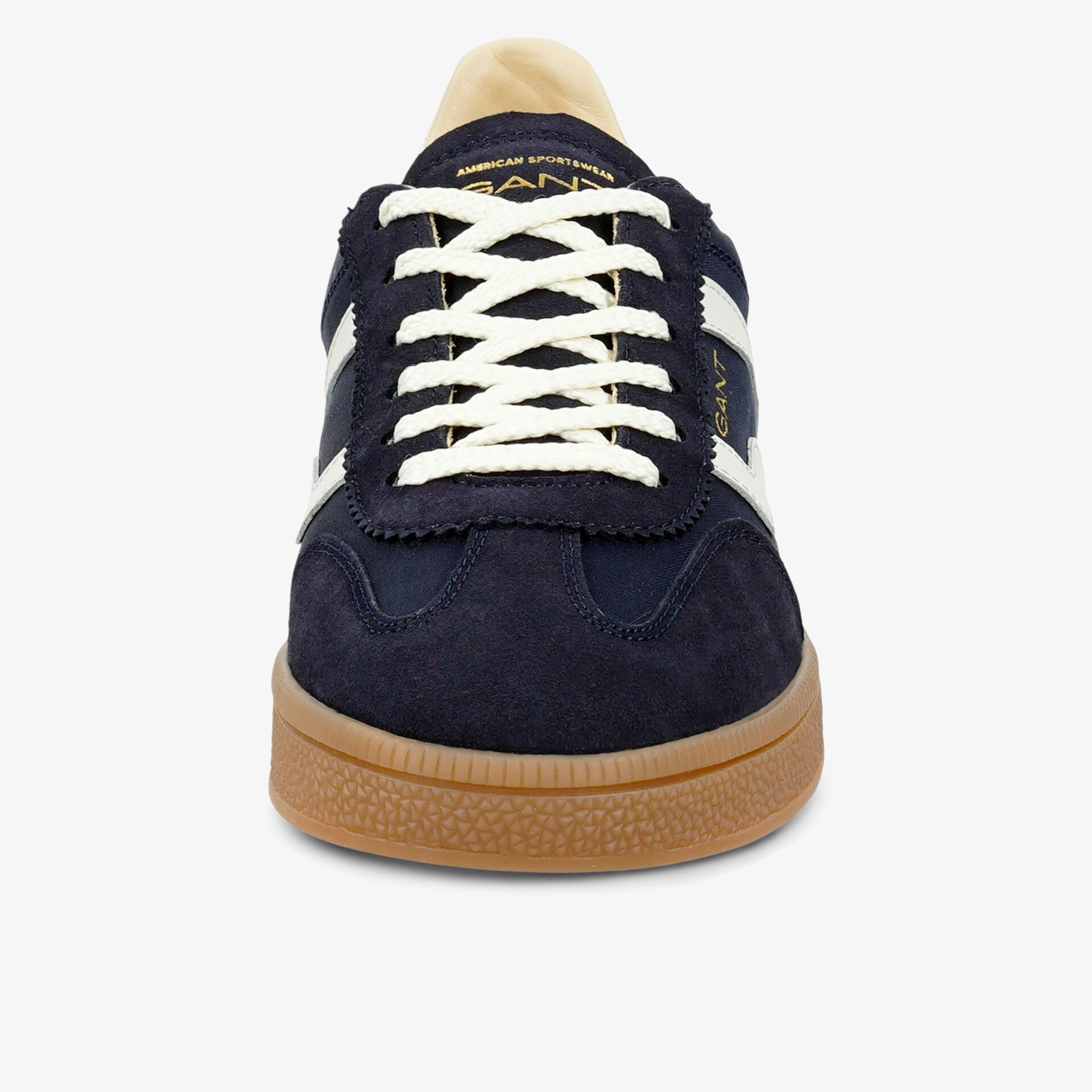 Klassischer blauer Sneaker in sportlichem Design mit weißer Schnürung und bequemer Gummisohle.