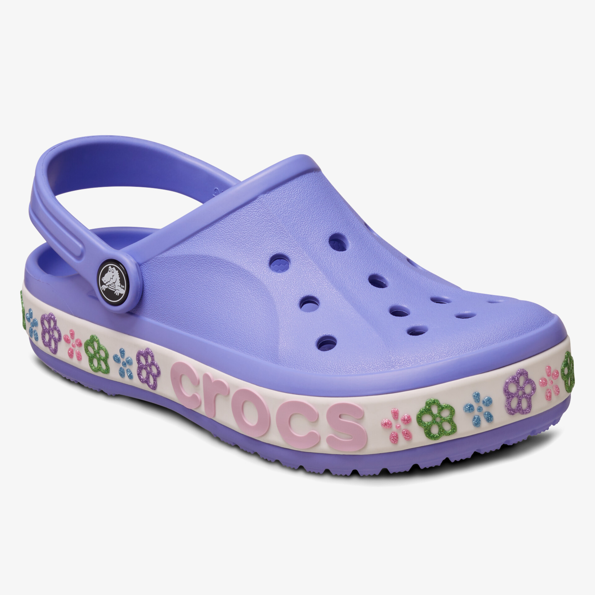 Leichter und bequemer lila Clog mit atmungsaktiven Löchern und buntem Blumenmuster an der Sohle