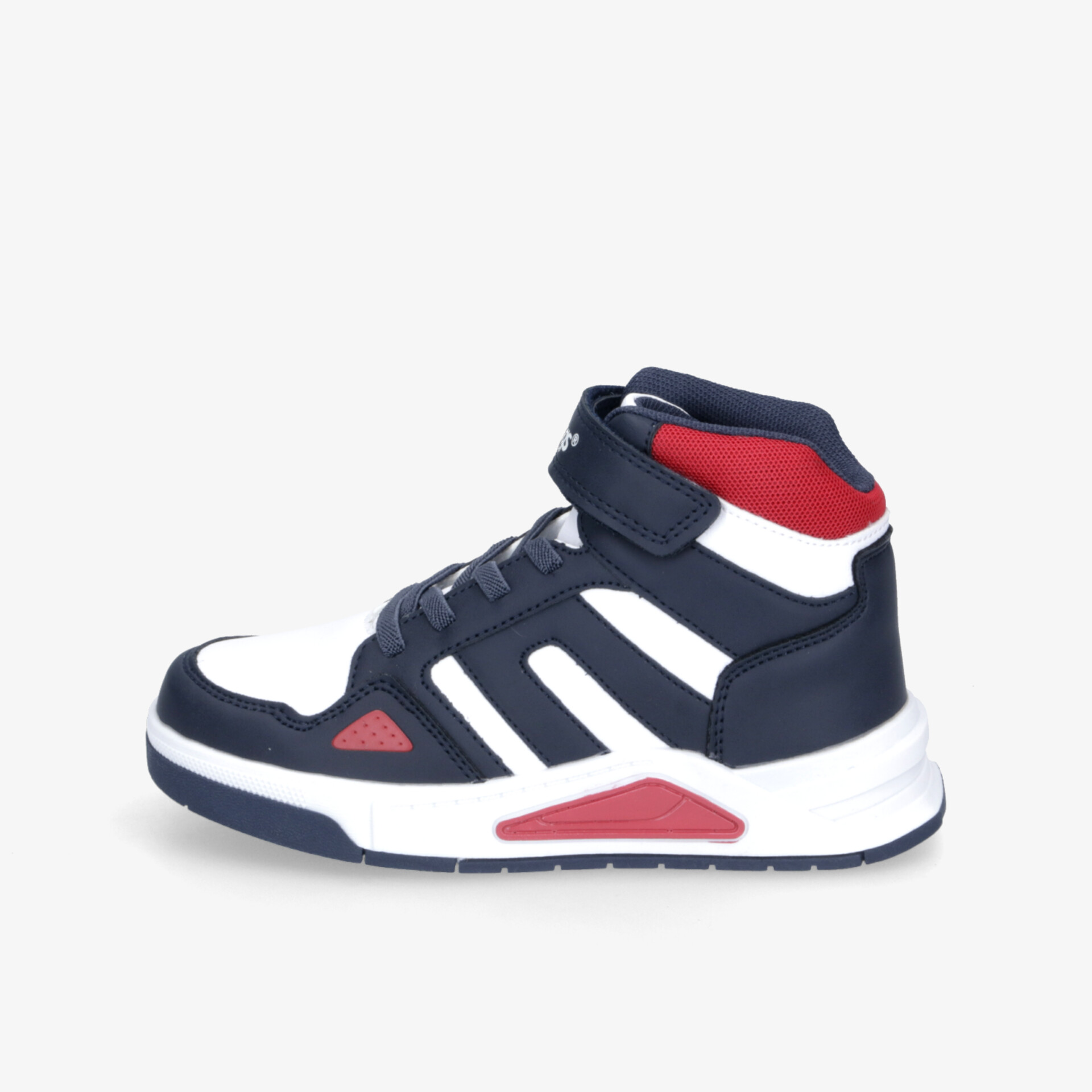 Moderner hoher Sneaker in Blau Weiß mit roten Akzenten, komfortabel und robust, rutschfeste Sohle