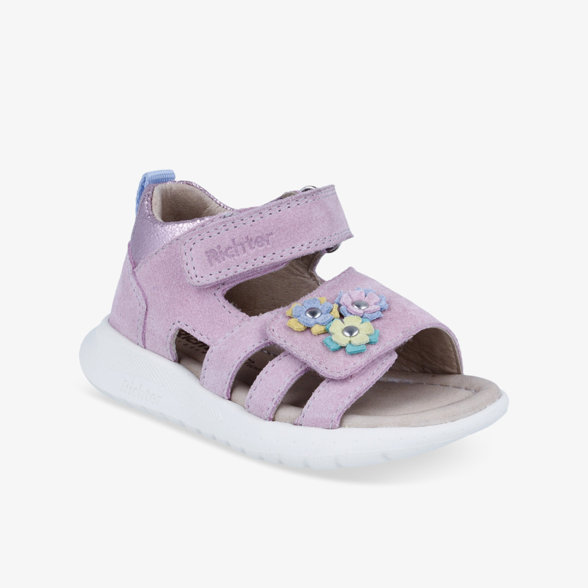 Leichte lila Kindersandale mit verstellbarem Klettverschluss und weicher Sohle, dekoriert mit bunten Blumen
