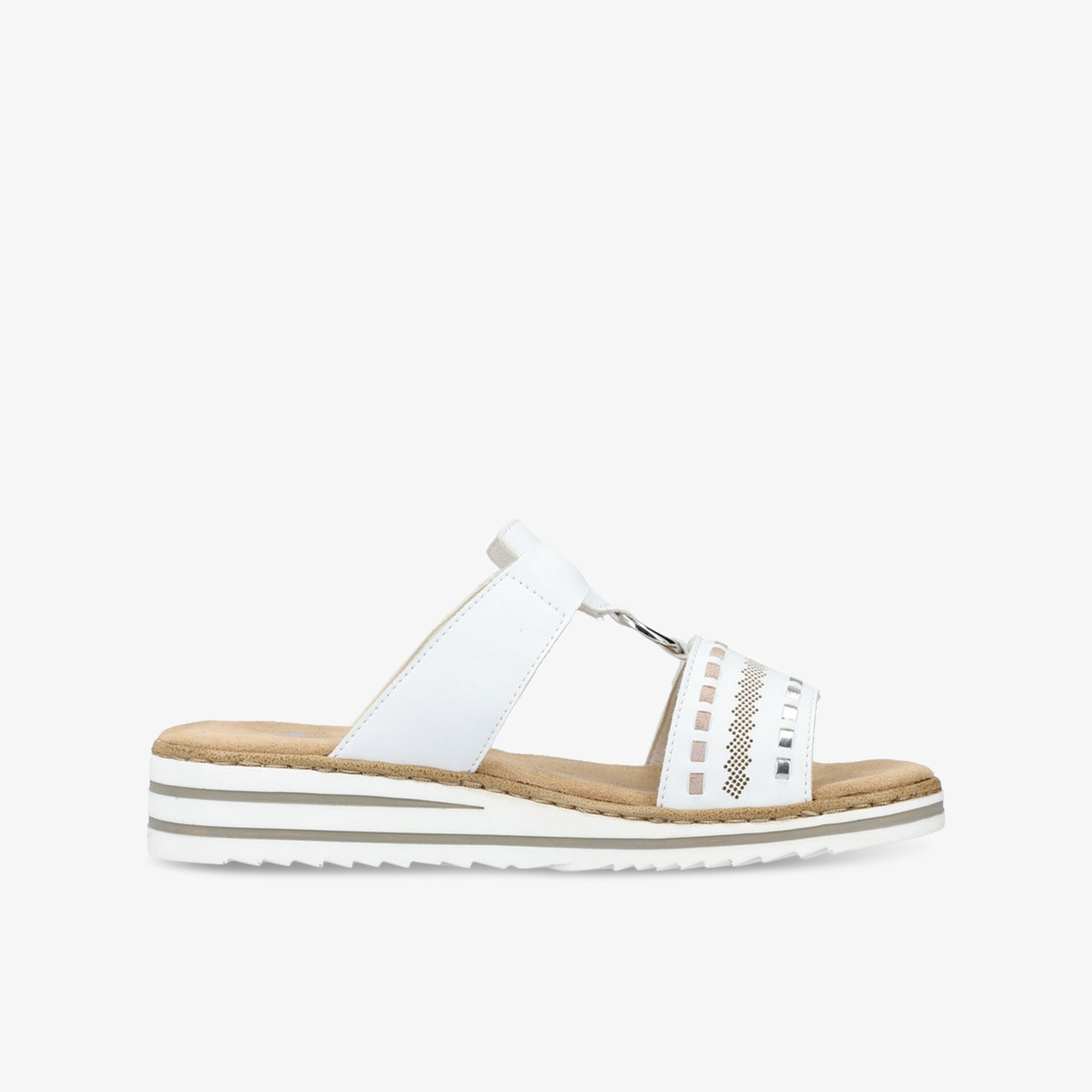 Seitenansicht einer weißen Sandale mit bequemer Sohle und modischem, leichtem Design für angenehmen Tragekomfort