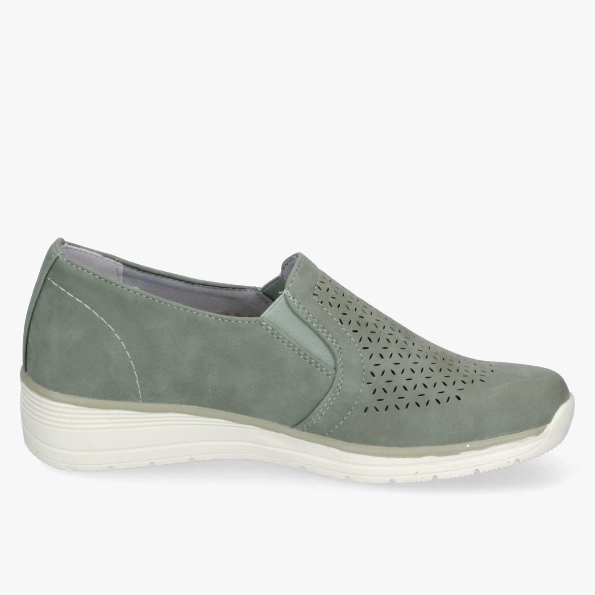 Bequemer grauer Slip-On-Schuh mit perforiertem Obermaterial und weißer Sohle für lässige Eleganz.