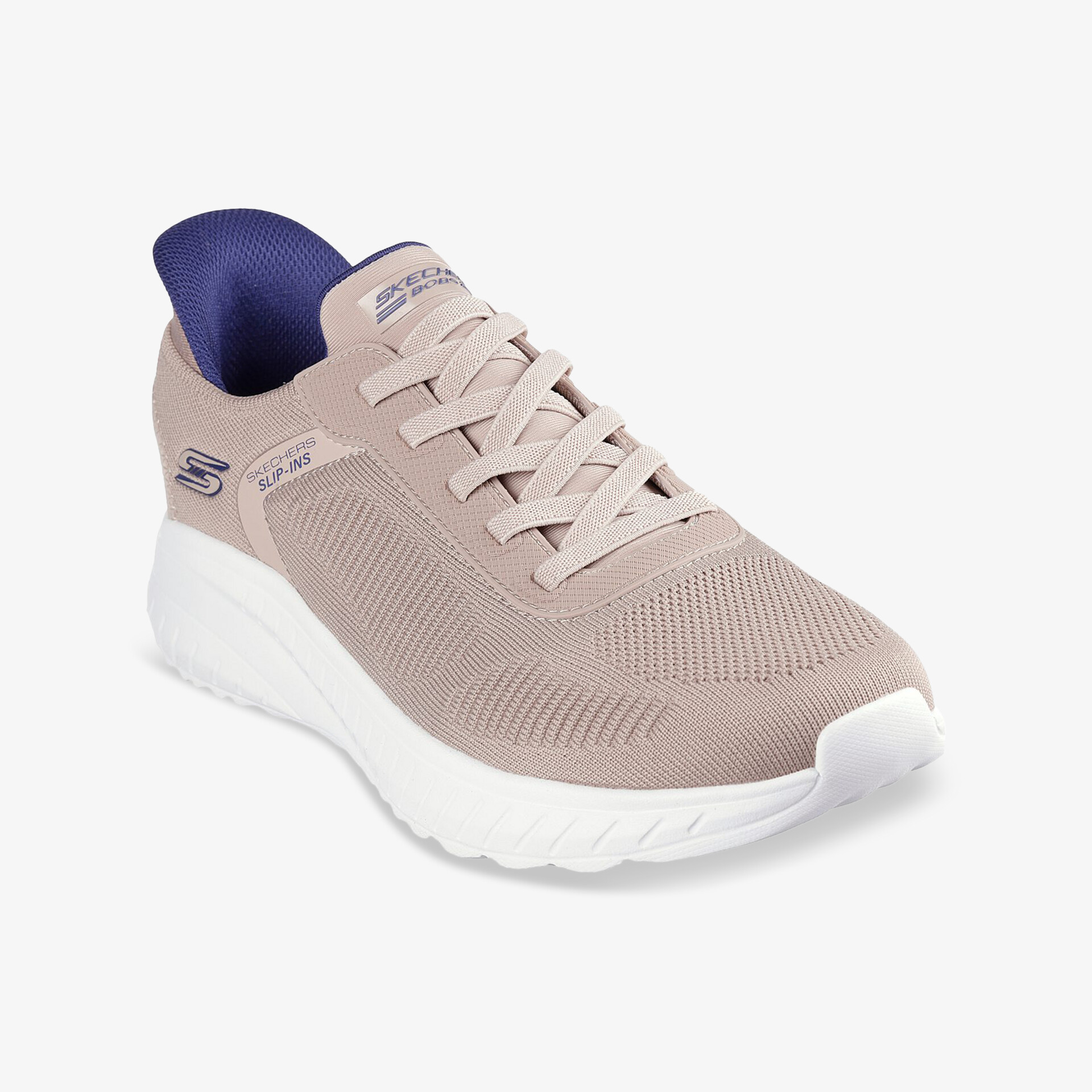 Moderner atmungsaktiver Sneaker in hellbeige mit blauer Fersenkappe, leicht und komfortabel für den Alltag