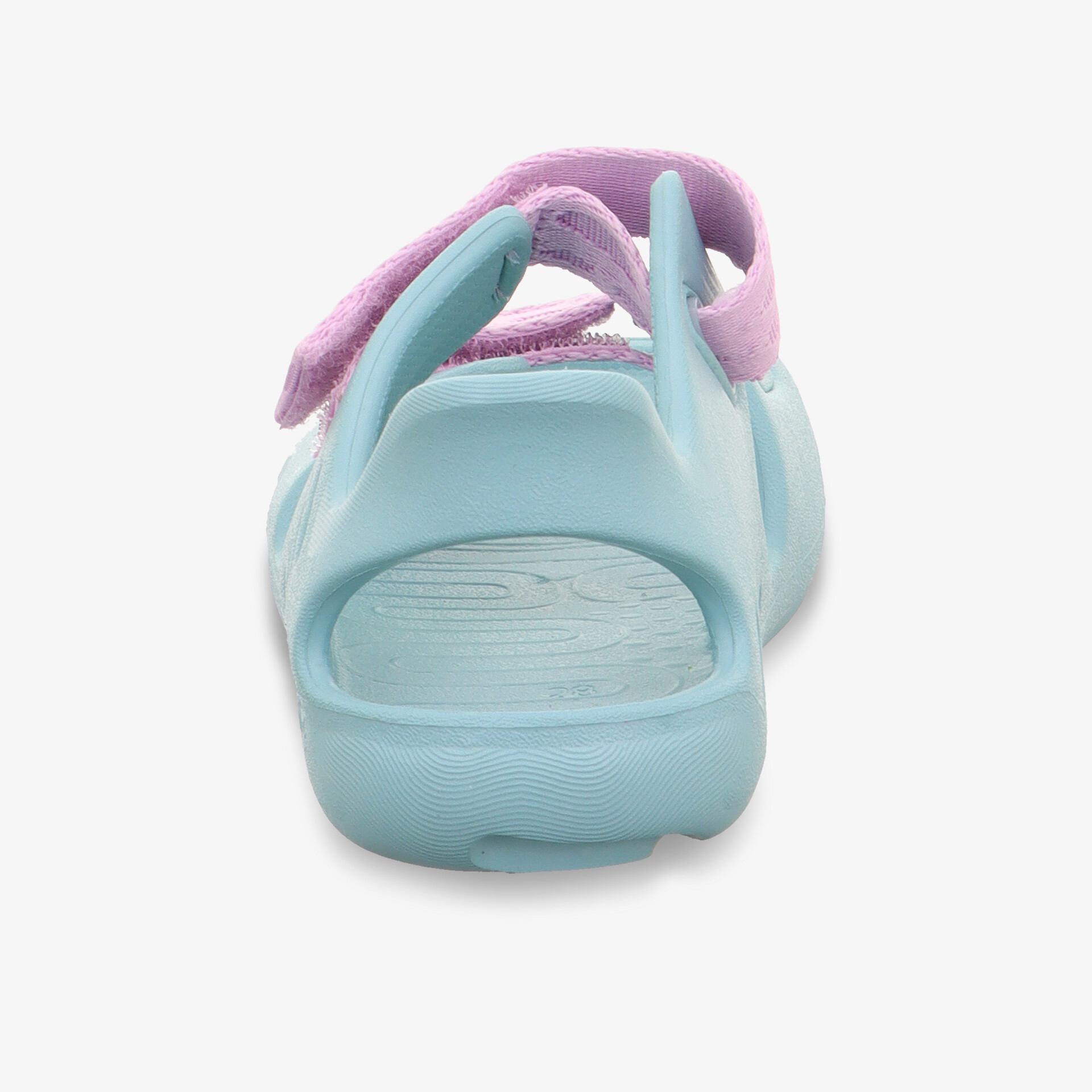 Leichter Schuh mit rutschfester Sohle und gepolstertem Riemen für hohen Tragekomfort, Rückansicht in Blau-Rosa