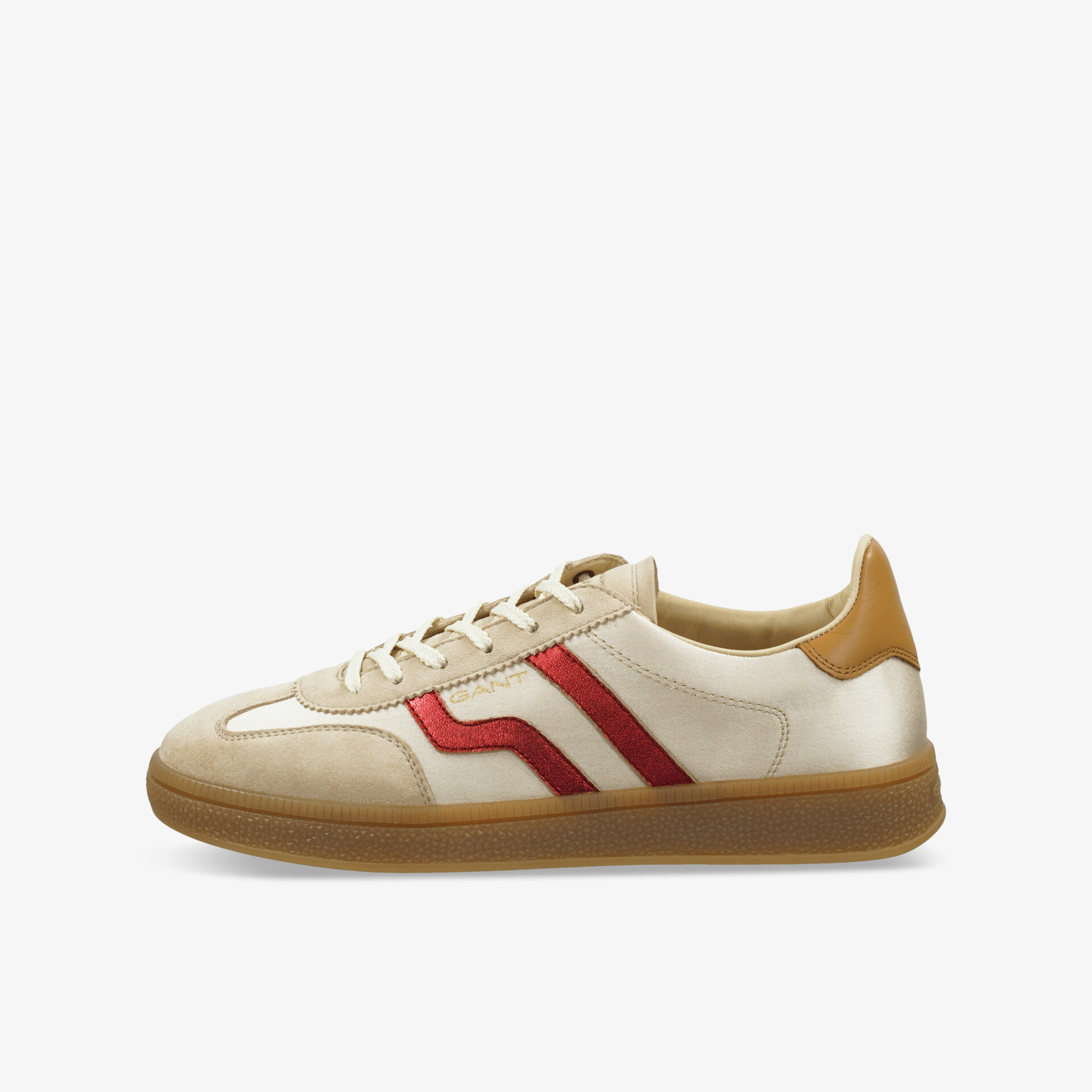 Beiger Sneaker mit rotem Design, seitliche Ansicht, bequemer sportlicher Schuh mit Schnürung und Gummisohle.