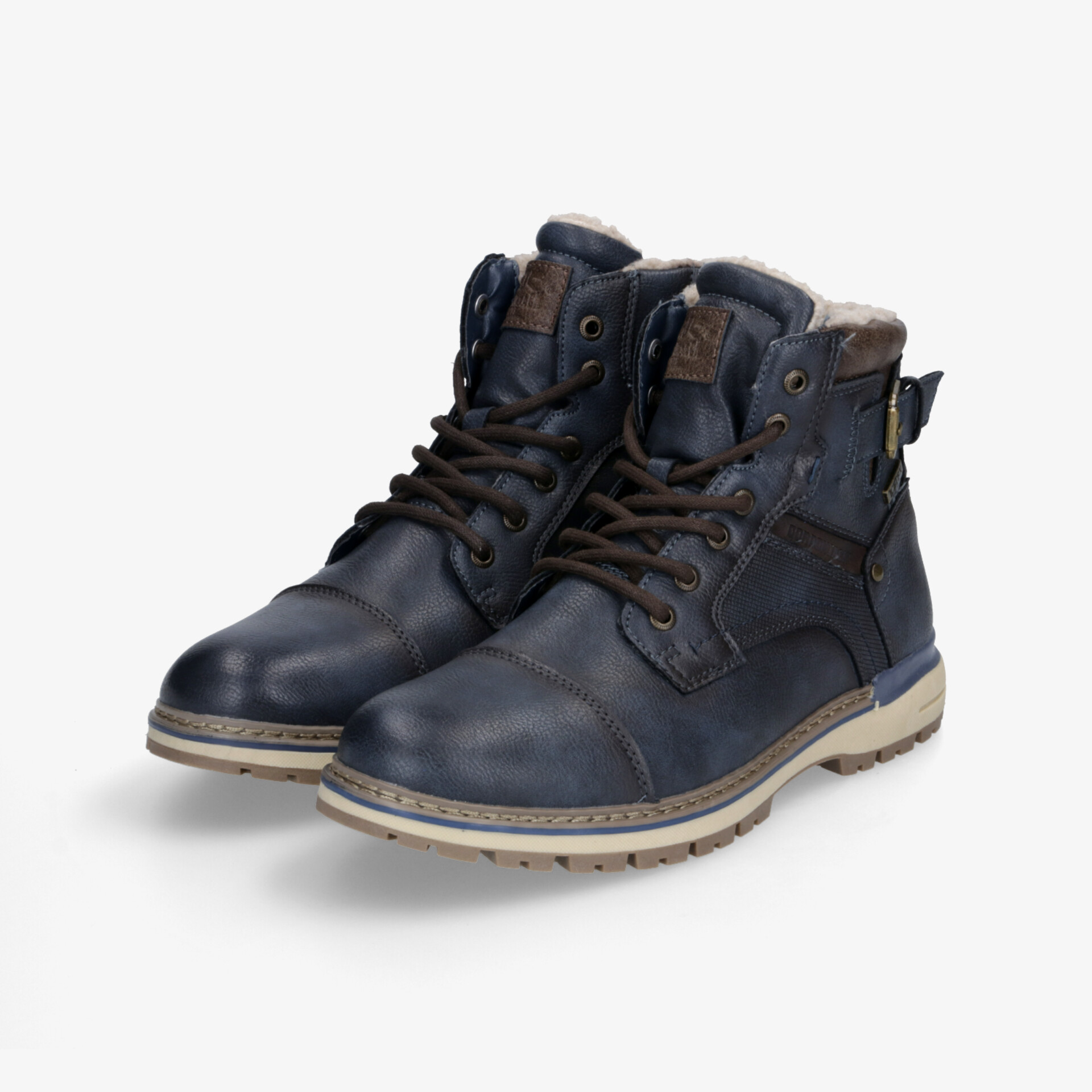 Robuste und bequeme dunkelblaue Stiefel mit gepolstertem Schaft und rutschfester Sohle im Paar dargestellt