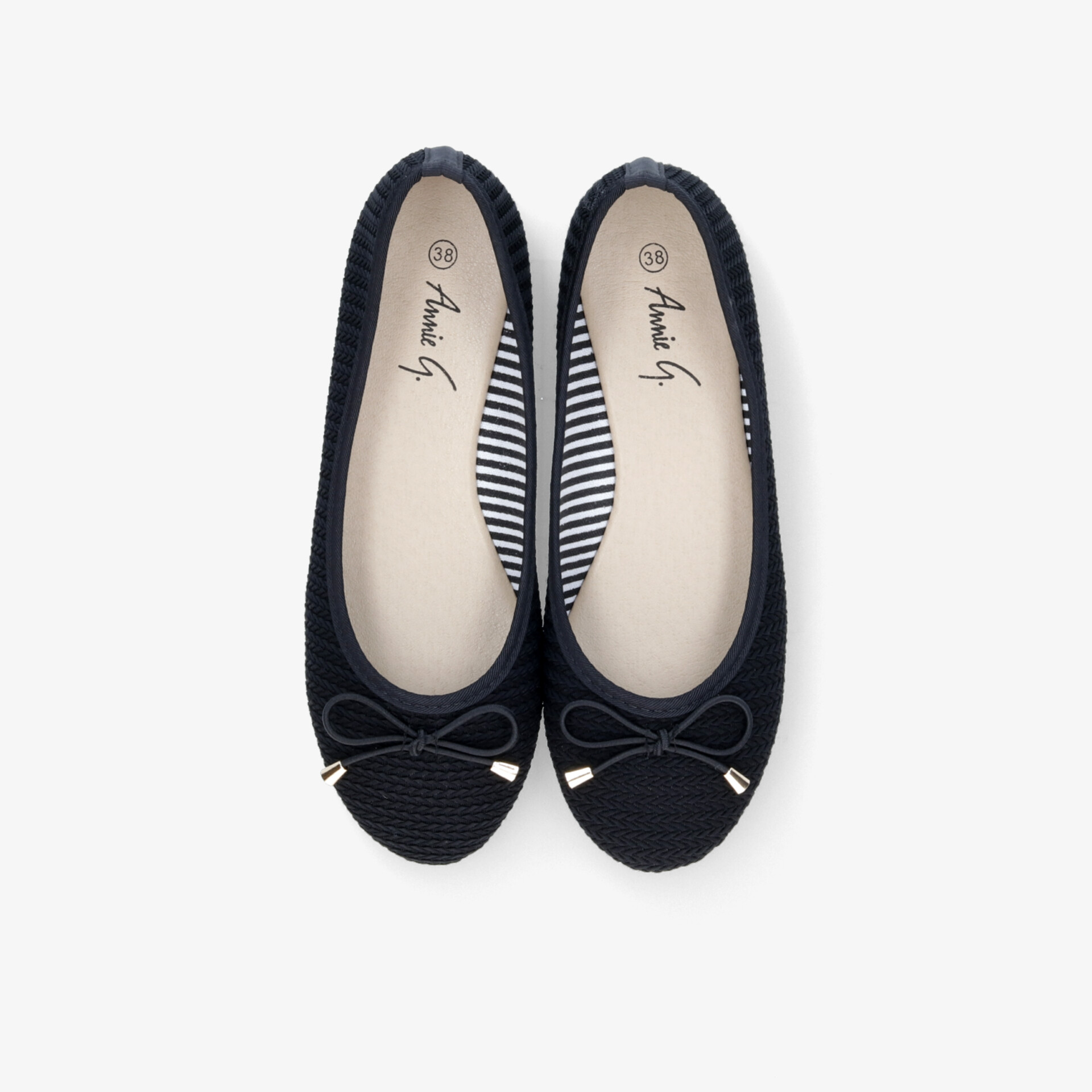 Bequeme navy Ballerinas mit Schleife, weichem Komfort und eleganter runder Zehenform im Paar von oben gesehen