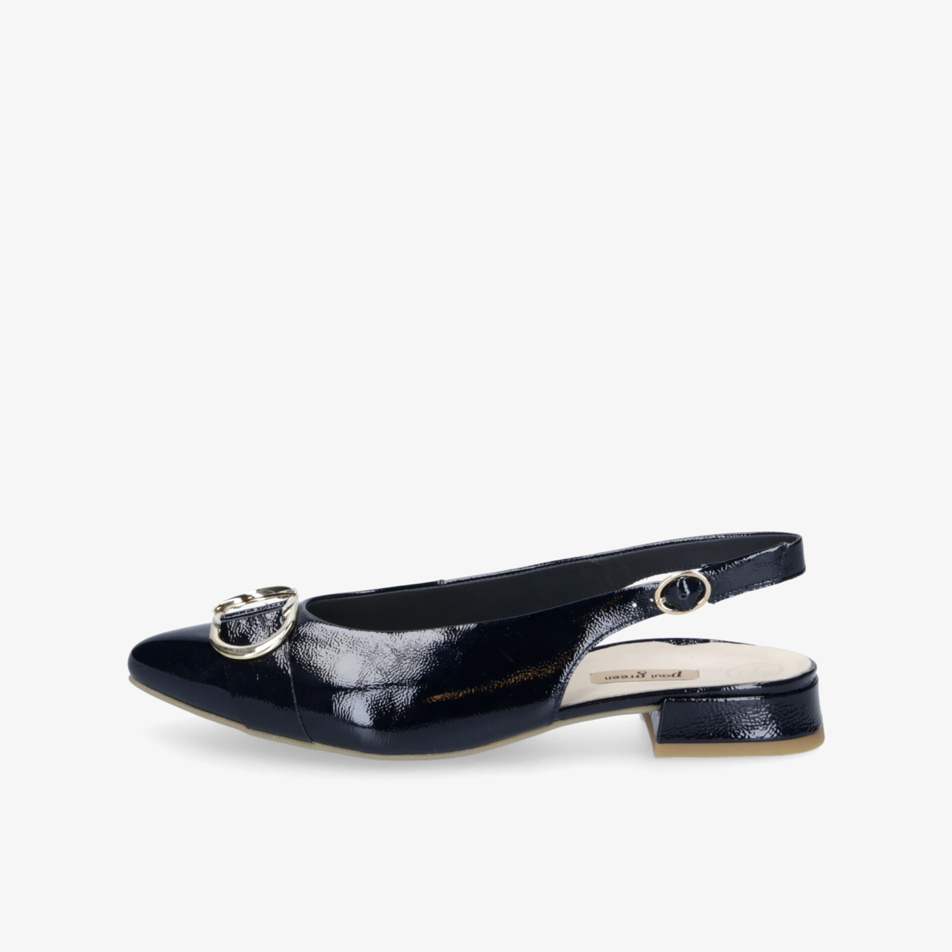 Eleganter Slingback-Schuh aus schwarzem Lackleder mit niedrigem Absatz und glänzender Schnalle
