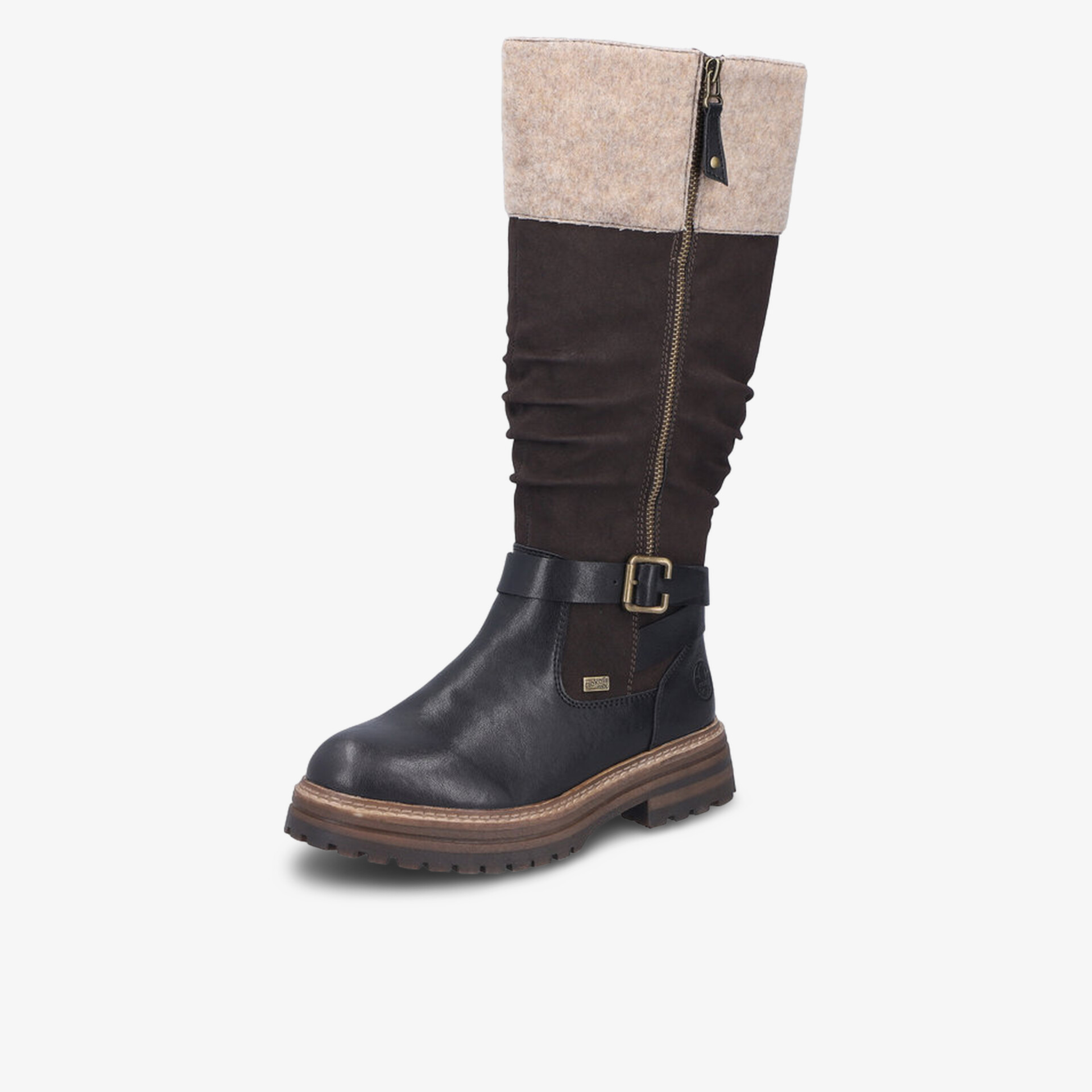 Robuster zweifarbiger Stiefel mit Schnalle und Reißverschluss für komfortablen und modischen Tragekomfort