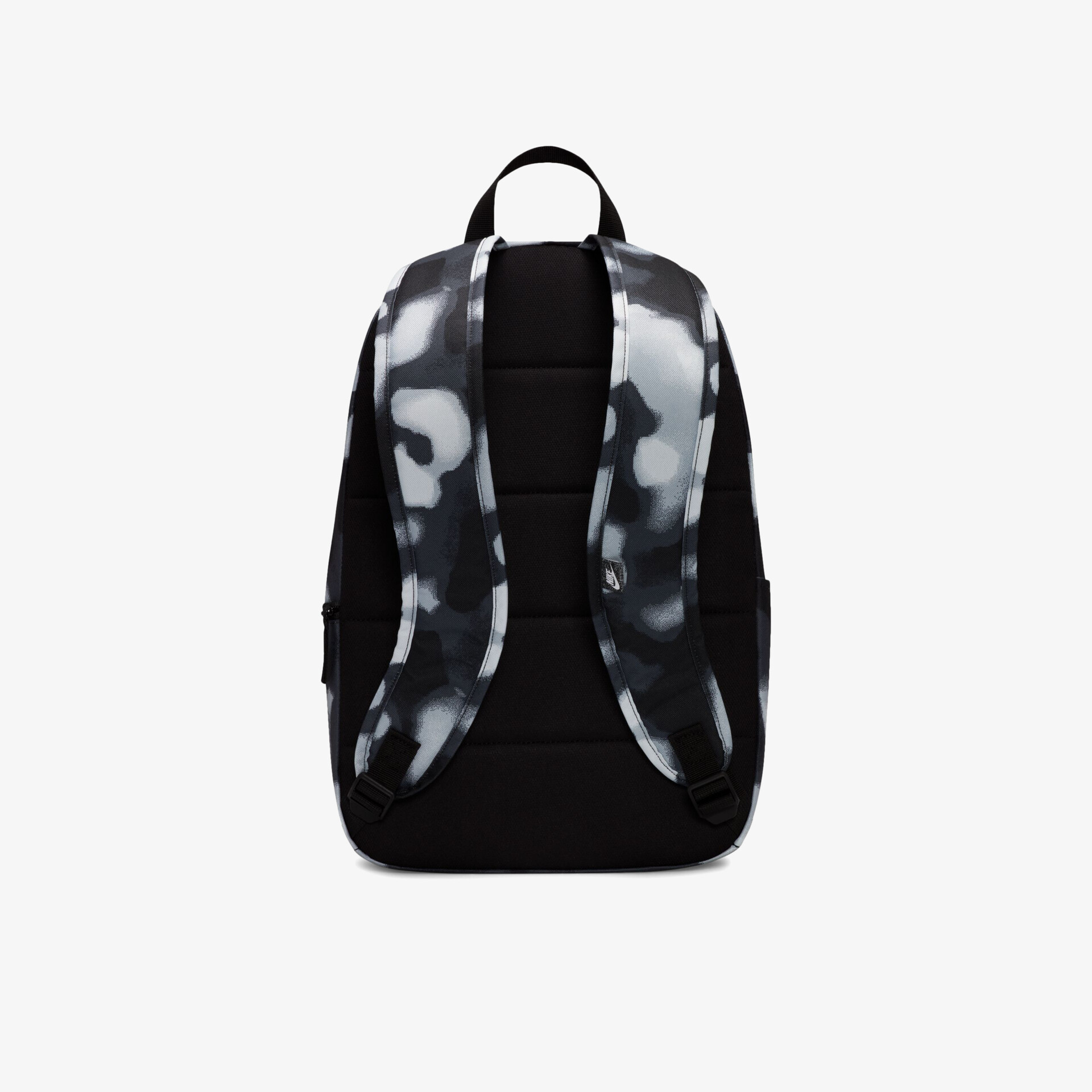 Moderner schwarzer Rucksack mit gemusterten Trägern, ideal für Alltag und Freizeitaktivitäten.