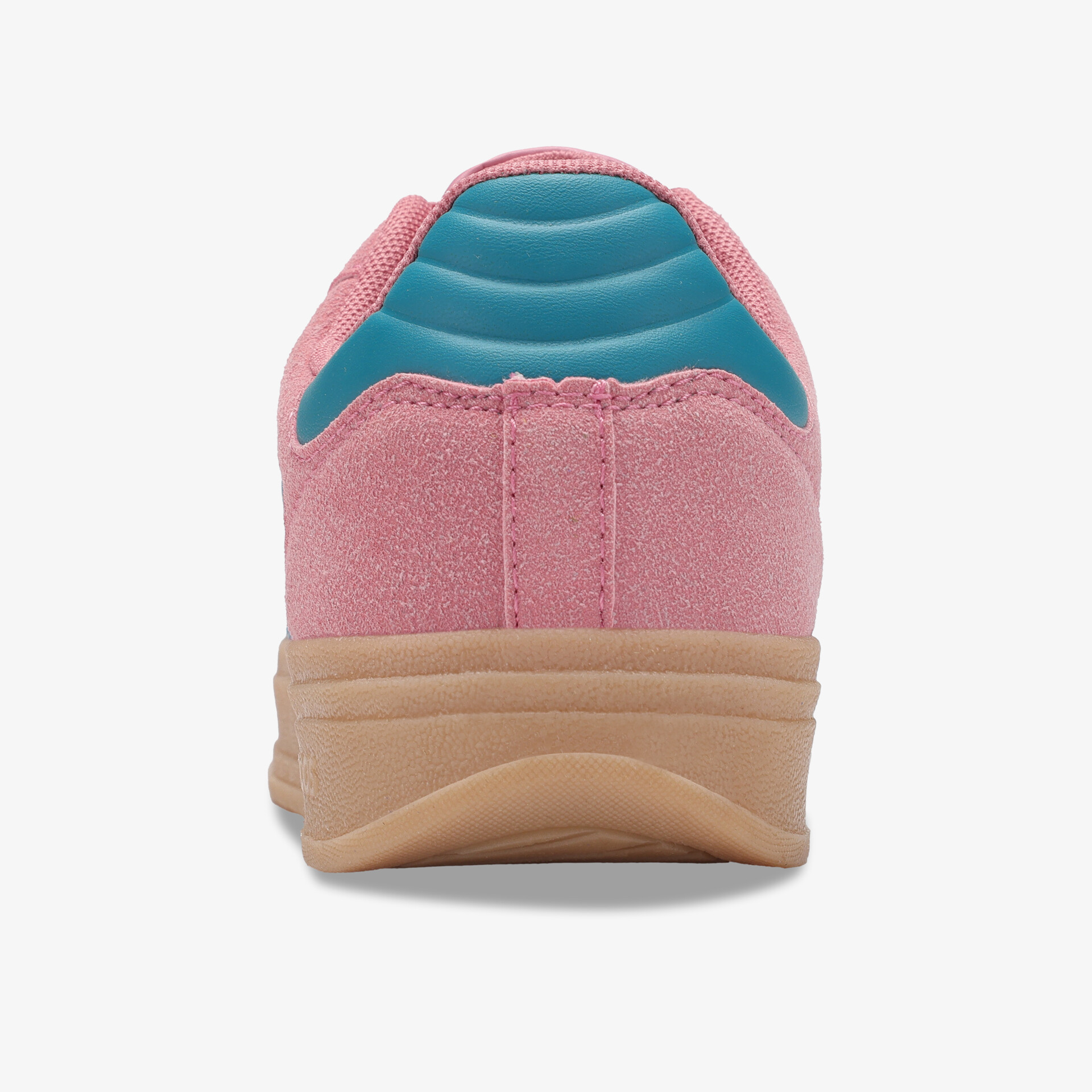 Schuh in rosa mit gepolstertem blauem Fersenbereich und brauner rutschfester Sohle, rückseitige Ansicht