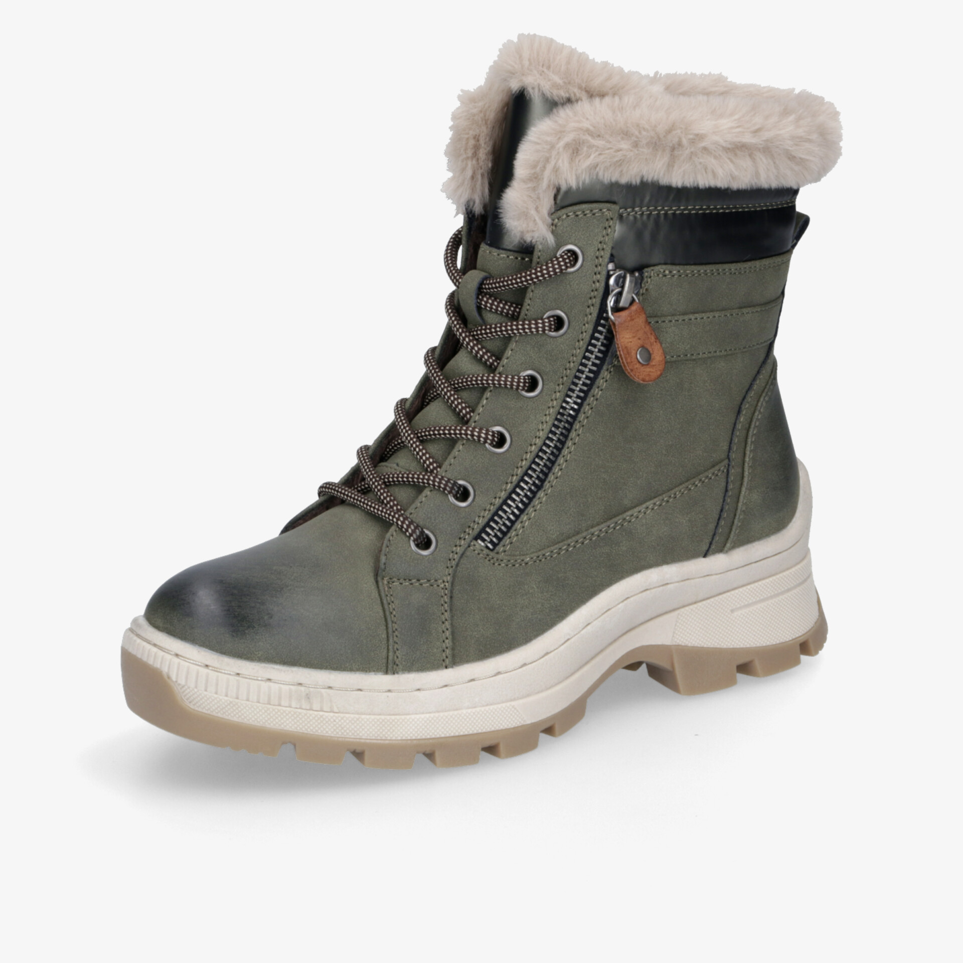 Robuster grüner Winterboot mit warmem Fellkragen, Schnürung und praktischem Reißverschluss für besten Komfort und Rutschfestigkeit