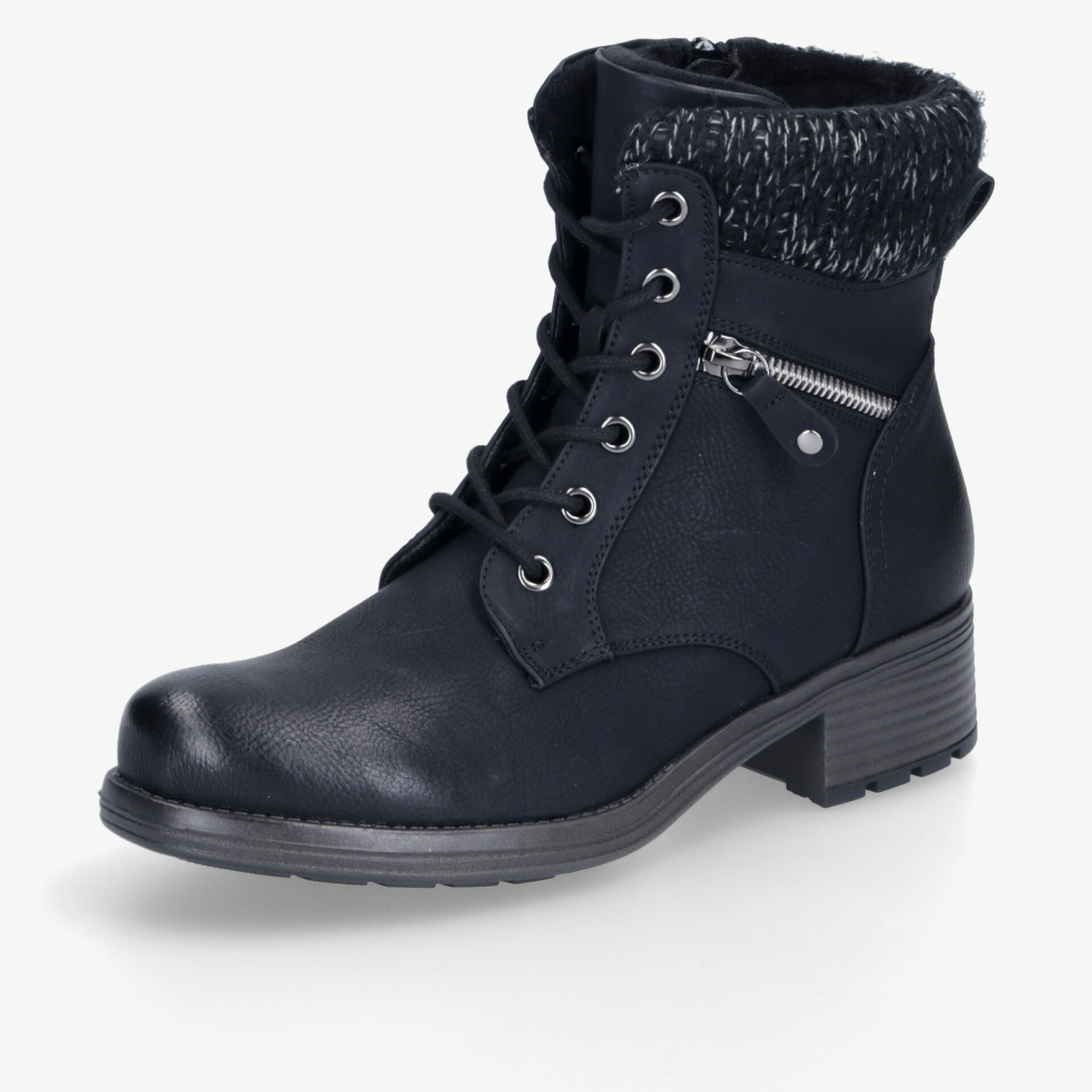 Schwarze Stiefelette mit Schnürung, Reißverschluss und bequemem Blockabsatz. Elegant und vielseitig tragbar.