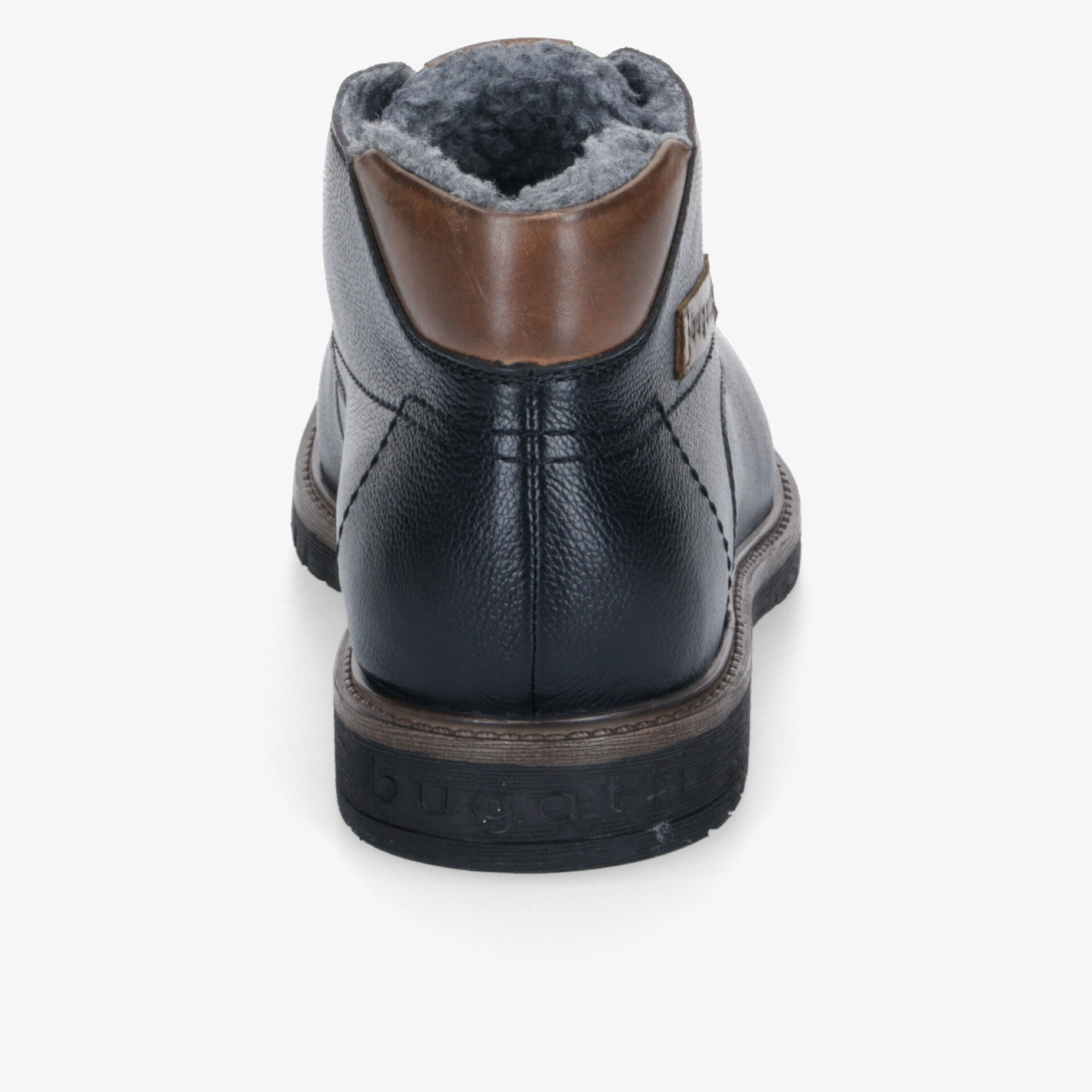 Rückansicht eines robusten, warm gefütterten schwarzen Winterstiefels mit braunem Akzent und rutschfester Sohle