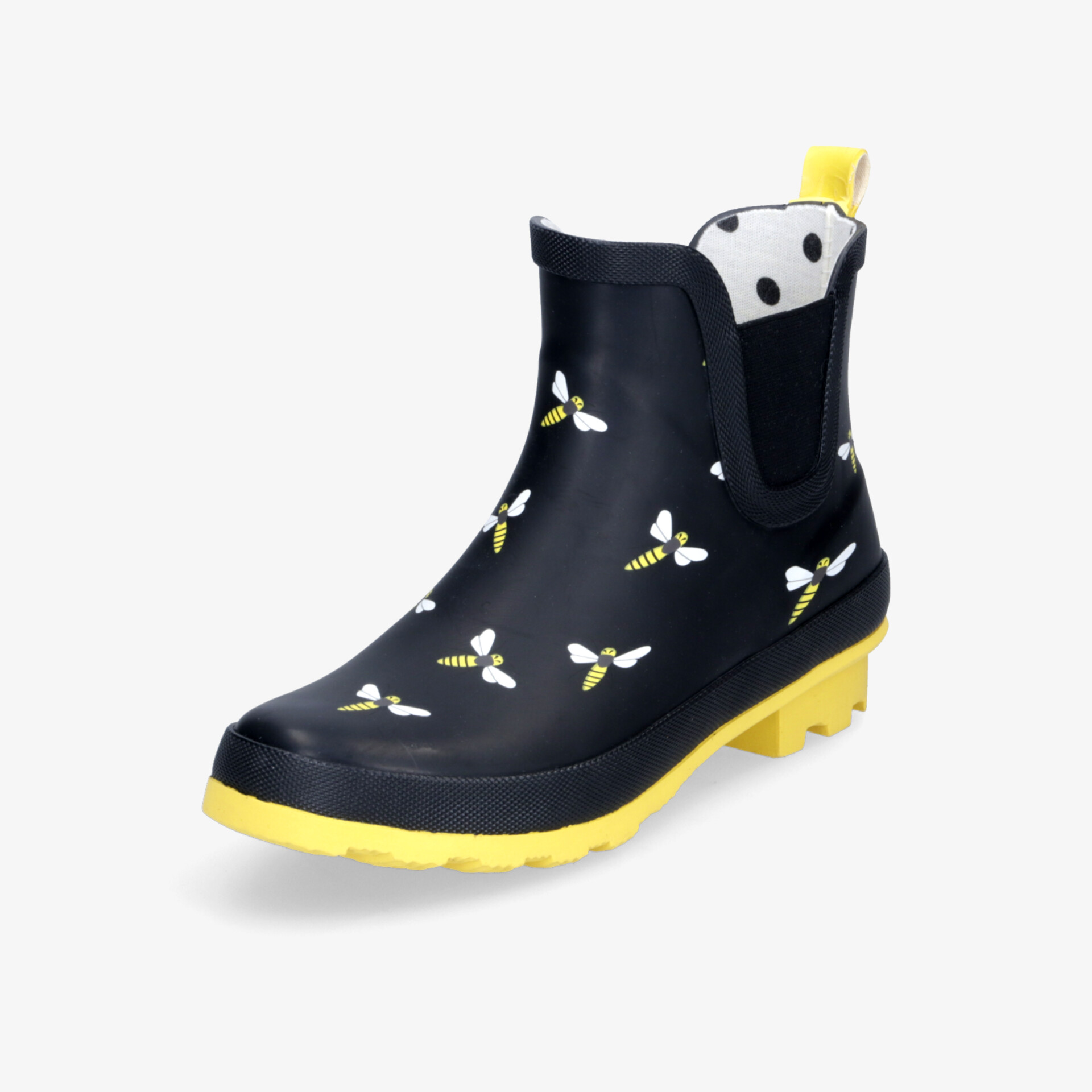 Wasserdichter schwarzer Gummistiefel mit gelber Sohle und Bienenmuster, rutschfest und bequem
