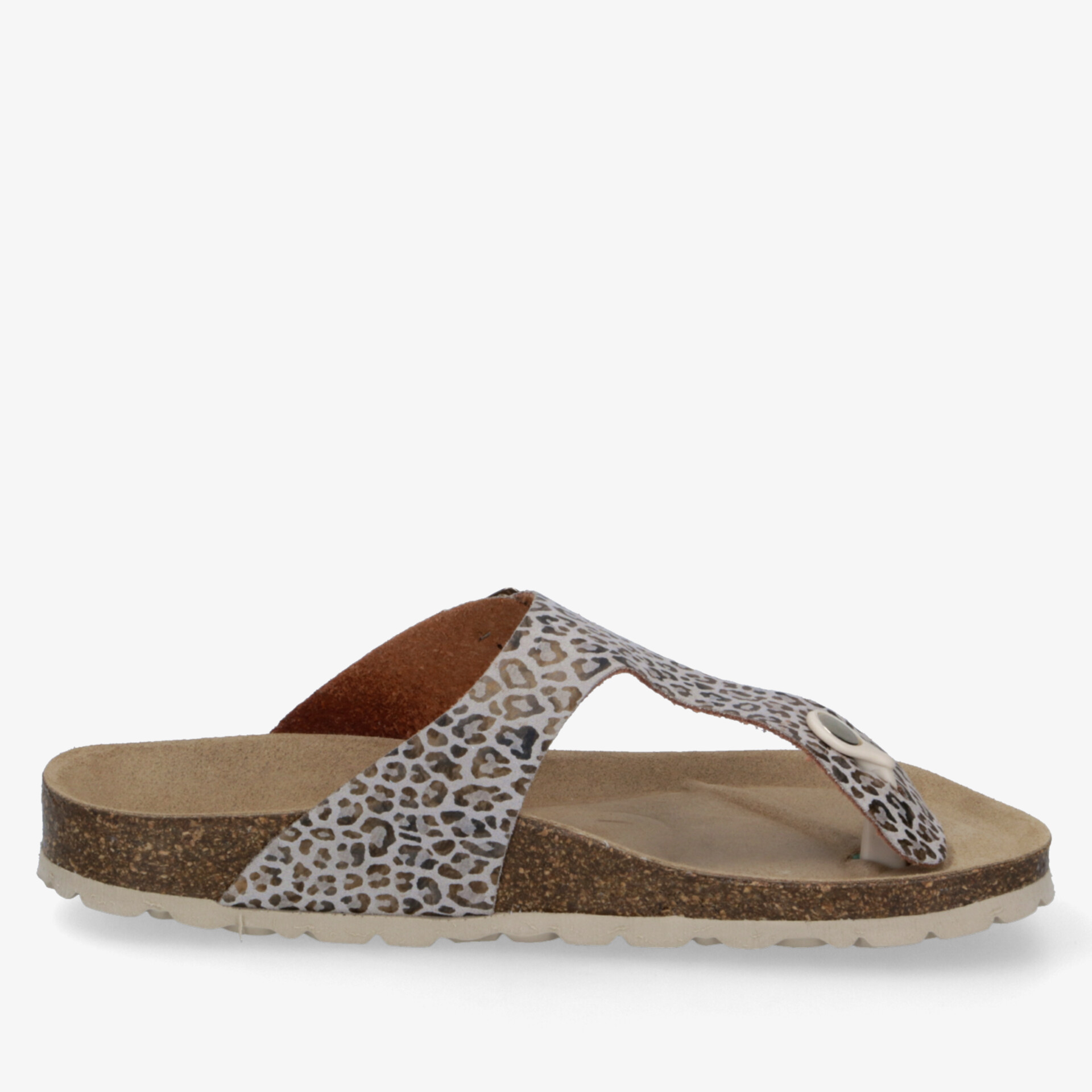 Seitliche Ansicht einer bequemen Zehensteg-Sandale mit Leopardenmuster und gepolstertem Fußbett