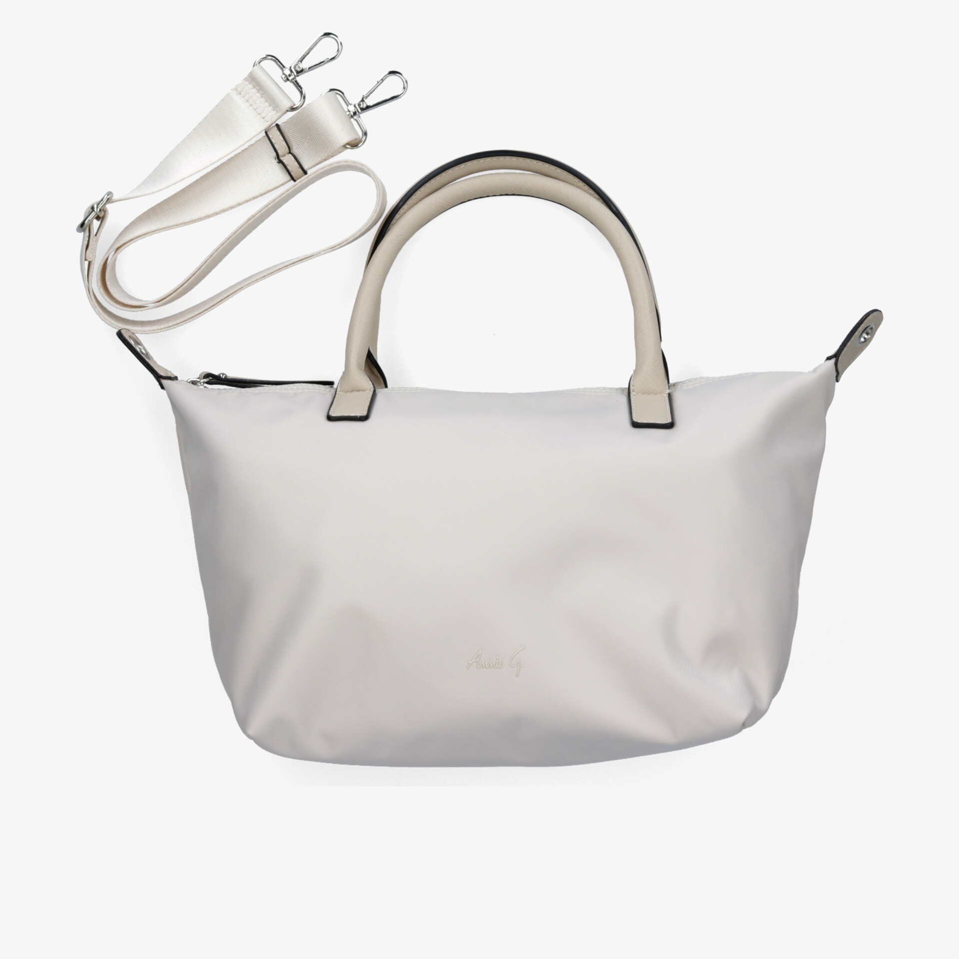 Stilvolle weiße Tasche mit Handgriffen und abnehmbarem Schulterriemen. Ideal für Alltag und besondere Anlässe.