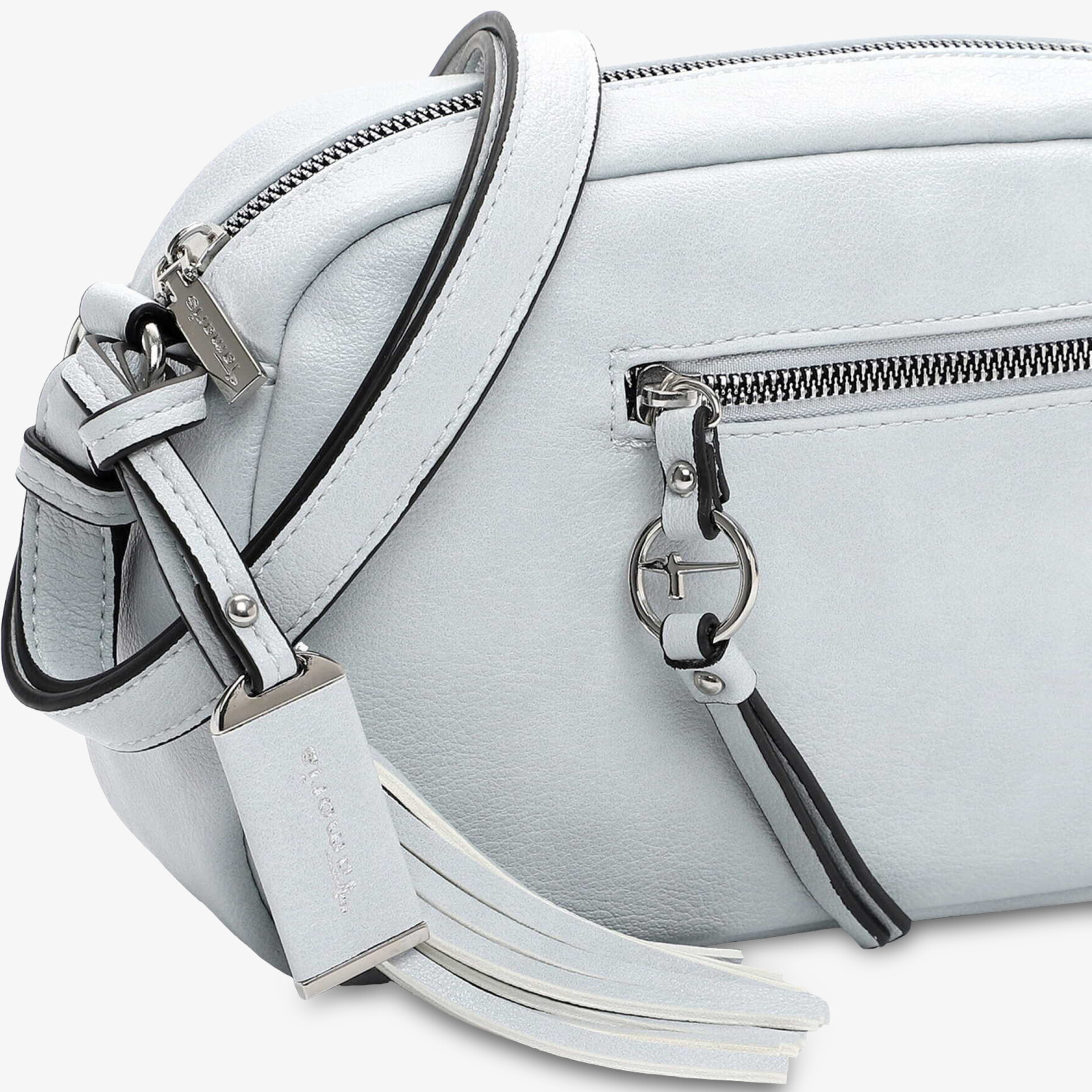 Weiße runde Tasche aus Lederimitat mit verstellbarem Riemen, Reißverschluss und dekorativer Quaste