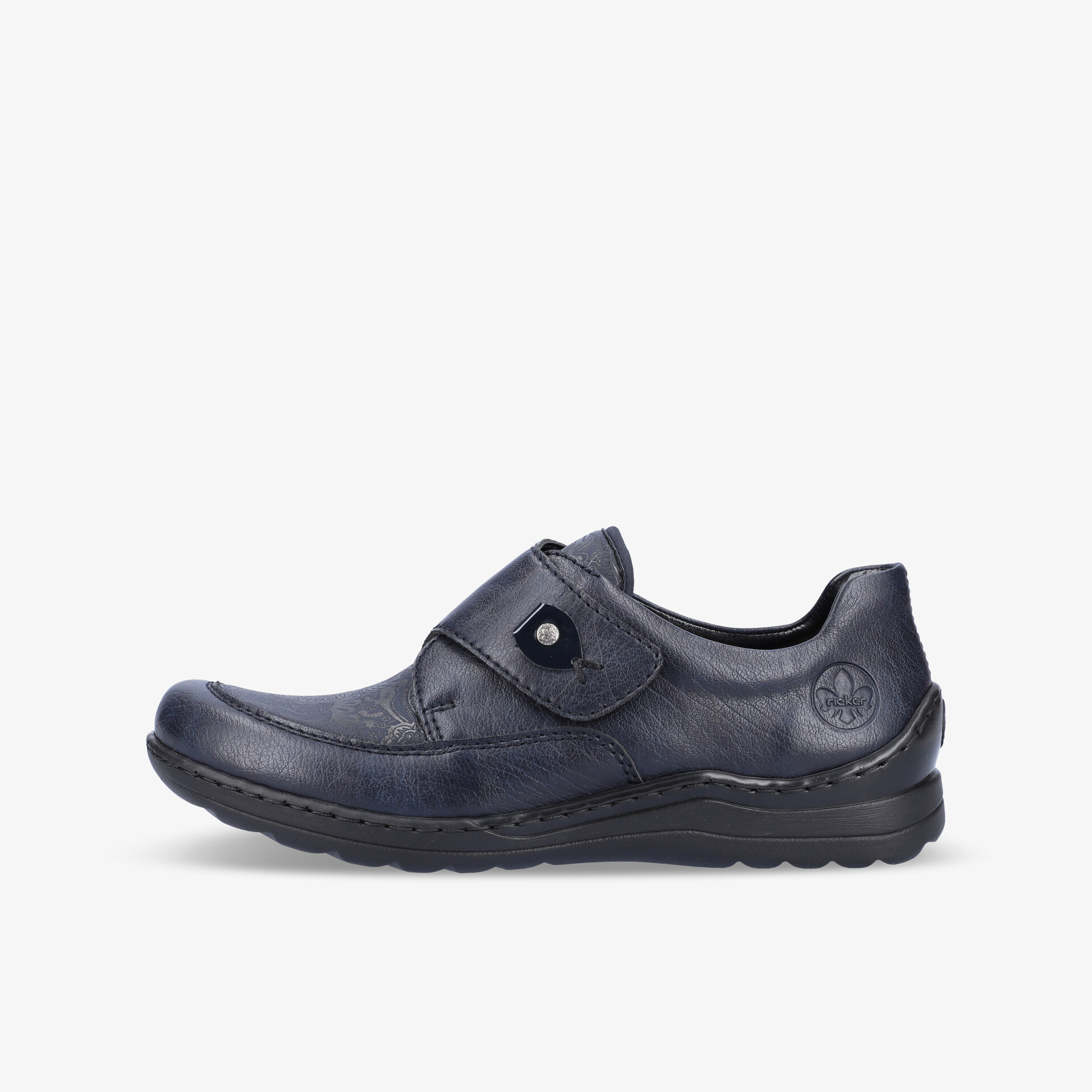 Bequemer dunkler Schuh mit seitlicher Ansicht, rutschfeste Sohle und verstellbarem Klettverschluss